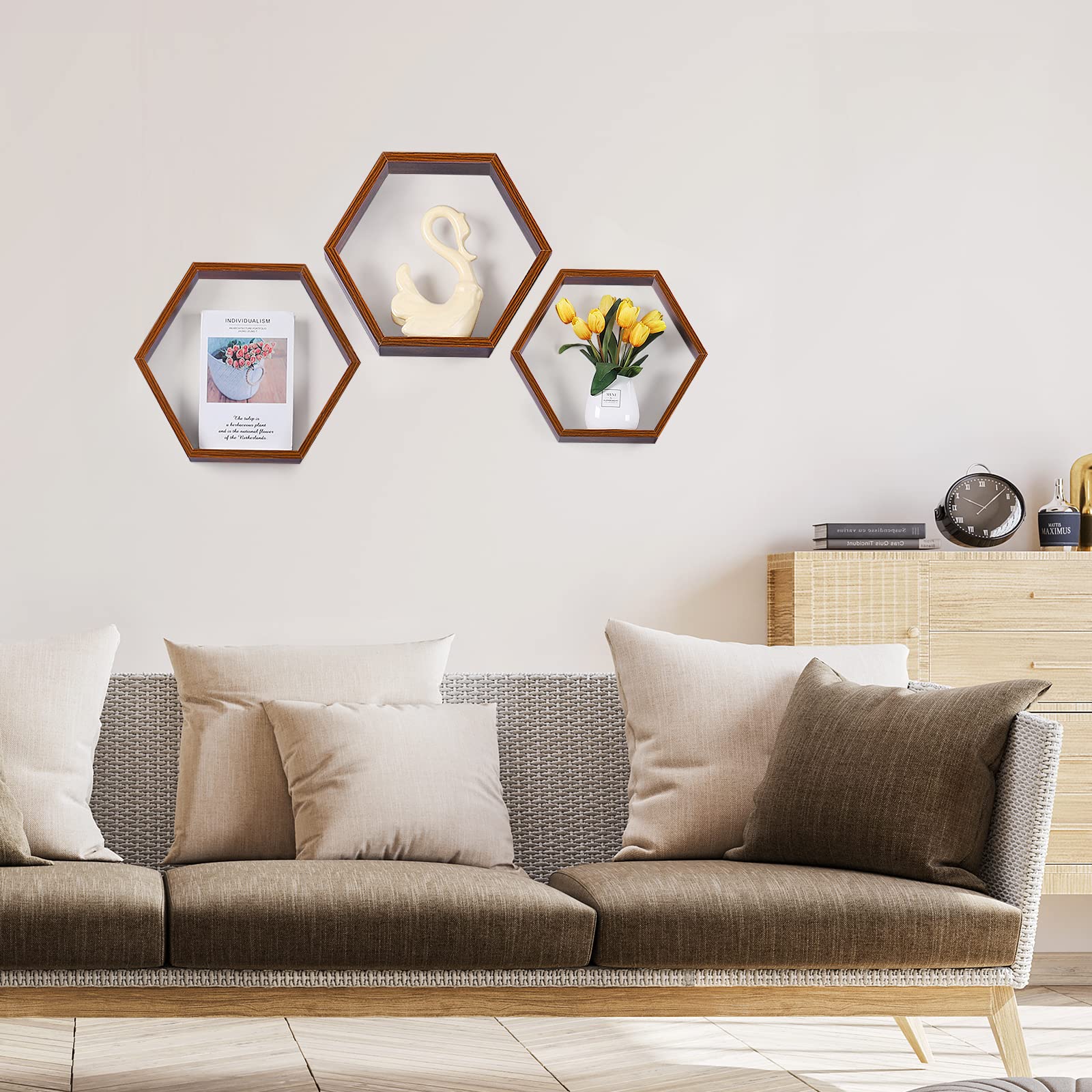 Hexagon Floating Shelves Set of 6 - Rustic Honeycomb Wall Shelves for Farmhouse Decor | Wooden Wall Mounted Storage for Bathroom, Living Room, Bedroom & Office | Perfect for Organizing Books, Plants & Home Decor