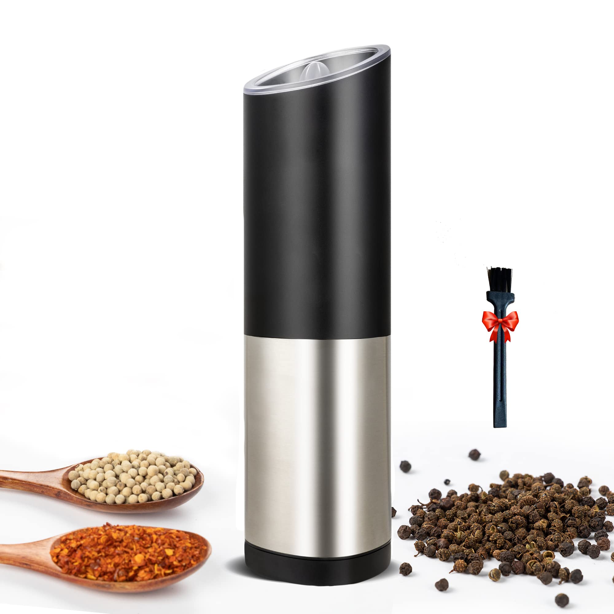Premium Battery-Operated Electric Pepper & Salt Grinder Mill with LED Blue Light - Adjustable Gravity Automatic Spice Grinder - Refillable Stainless Steel (Silver Black) - Perfect for Kitchen, Dining Table & Outdoor Cooking