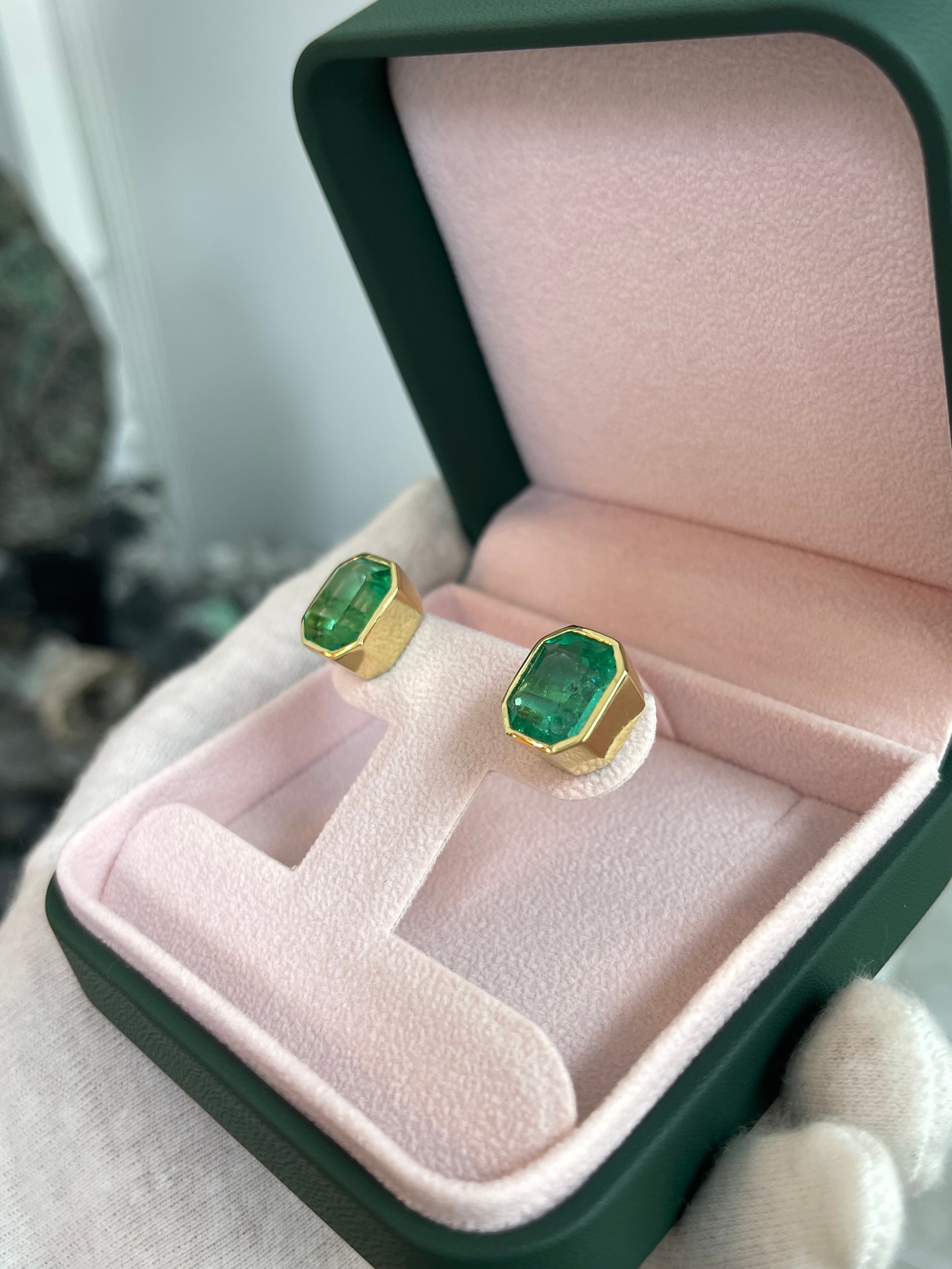 14.30tcw Large Bezel Set Natural Colombian Emerald Stud Earrings in 18K Gold | Luxury Jewelry for Women, Perfect for Weddings, Parties & Special Occasions
