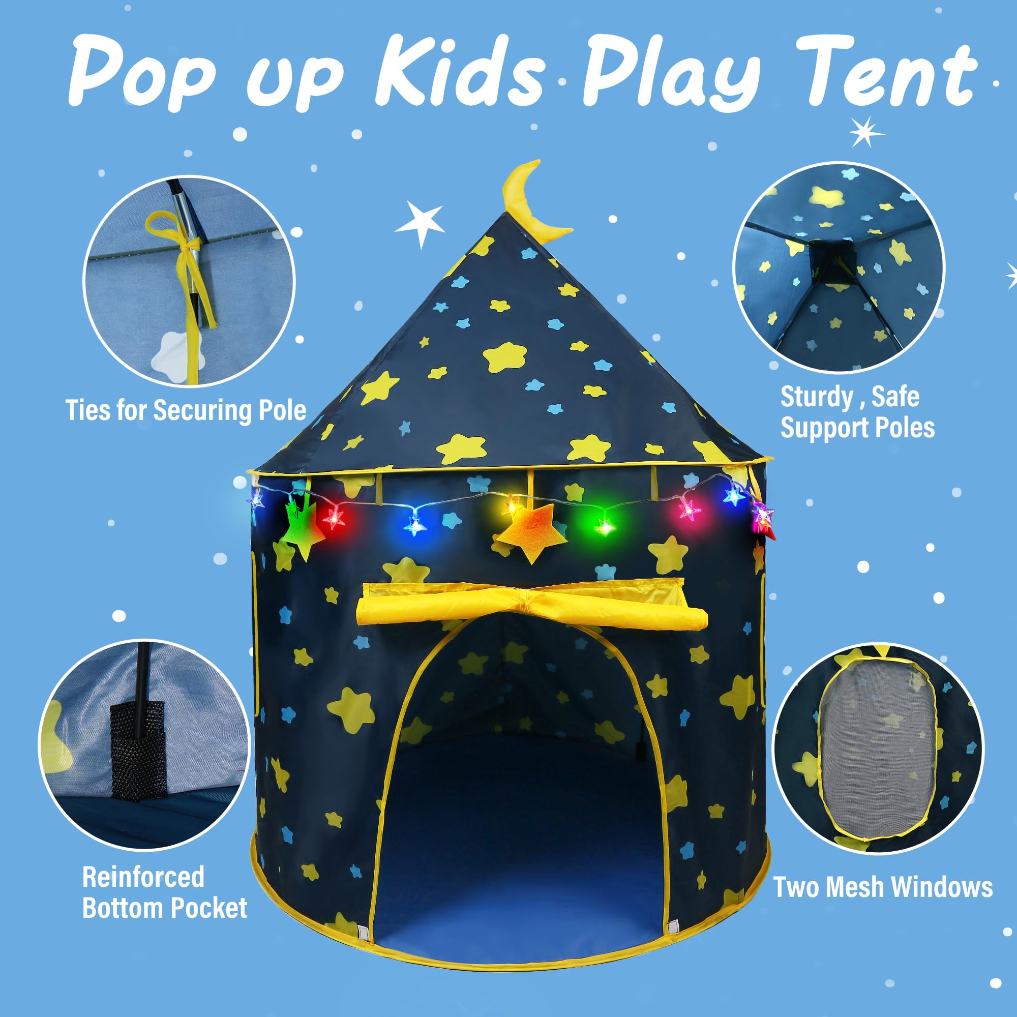LotFancy Kids Play Tent with LED Star Lights & Carry Bag - Foldable Pop Up Playhouse for Boys & Girls Indoor Outdoor Use - Perfect for Camping, Birthday Parties & Imaginative Play