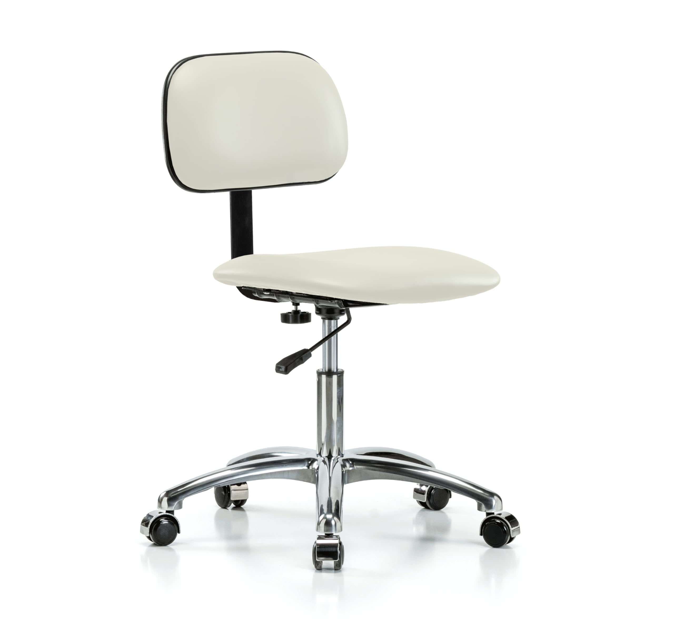 Adjustable Rolling Lab Chair with Basic Backrest - Chrome Perch Stool for Hardwood & Tile Floors, Off-White Vinyl Upholstery - Perfect for Home Office, Classroom, or Laboratory Use