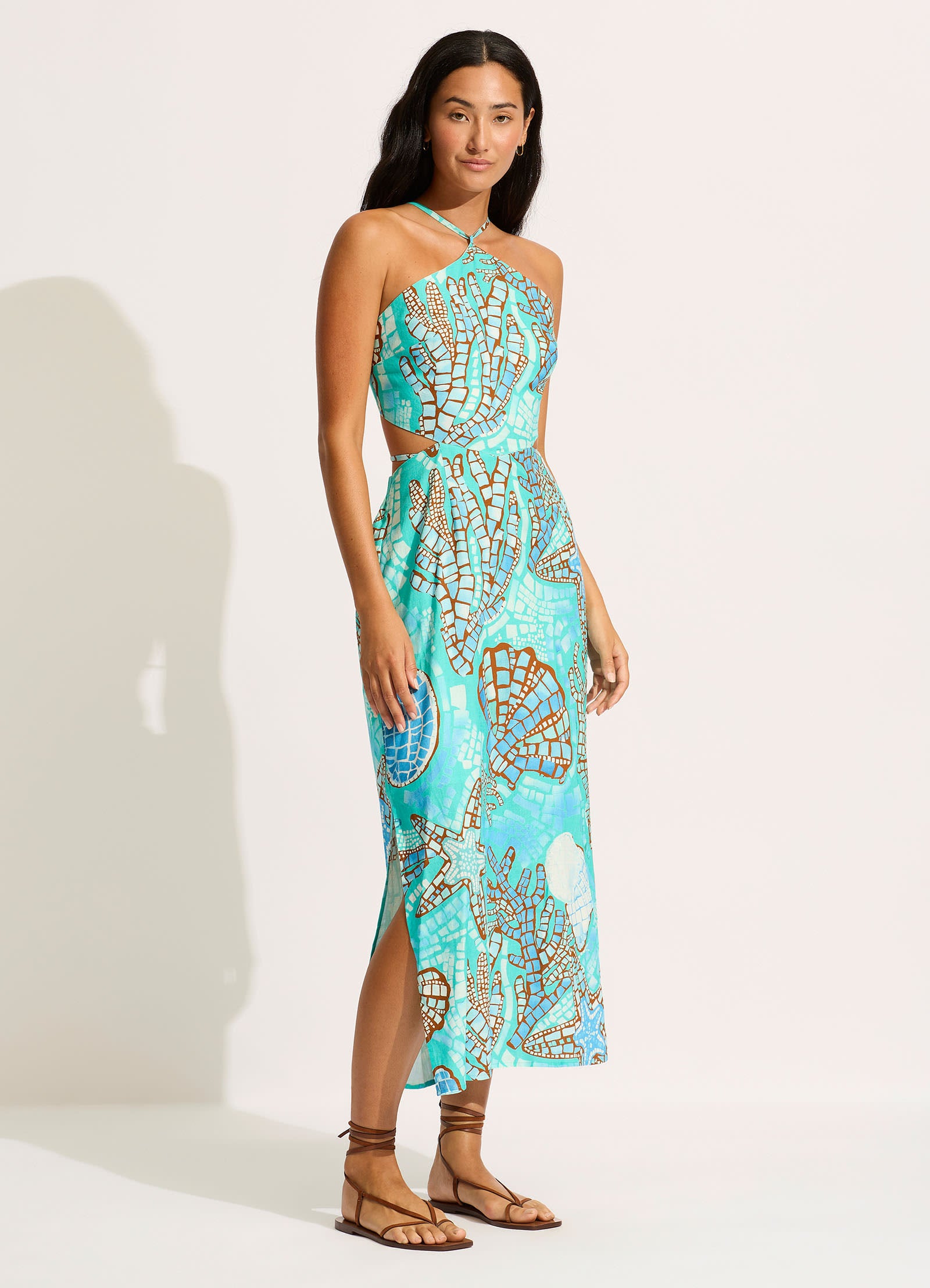 La Mer Cut Out Maxi Dress - Women's Floral Print Summer Beach Dress in Aquatic Blue | Perfect for Beach Vacations, Pool Parties & Tropical Getaways