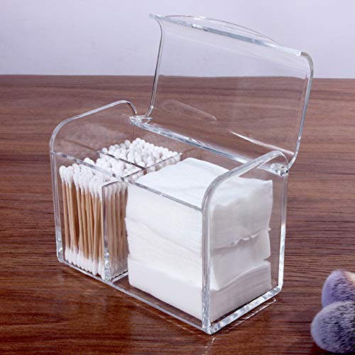 Sooyee 3-Compartment Plastic Apothecary Jar - Cotton Ball, Swab & Round Pad Organizer | Bathroom & Vanity Storage Dispenser for Floss, Qtips & Beauty Supplies | Clear Countertop Organizer for Home, Salon & Spa
