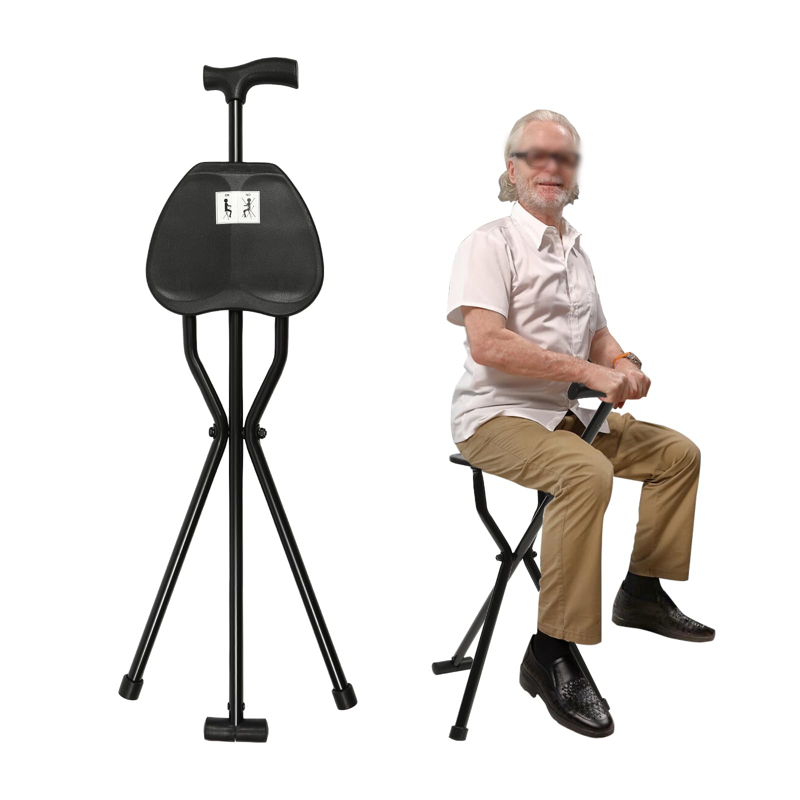 Portable Folding Cane Chair with Seat - 34 Inch Lightweight Walking Stick for Seniors, Supports 240 lbs, Anti-Slip Handle - Perfect for Hiking, Travel & Outdoor Activities