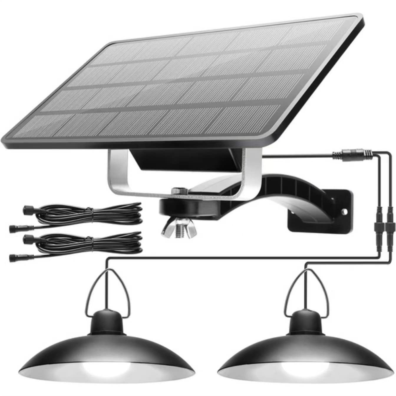 Solar Powered Hanging Lights Outdoor/Indoor - Waterproof Dual Head Solar Pendant Lights with Auto On/Off, Dusk to Dawn Sensor - Perfect for Porch, Garage, Storage Room, Garden, Patio, Yard Decoration (White)
