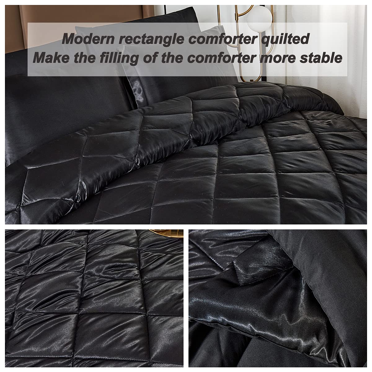 Luxury HAOK Satin Queen Comforter Set - 8-Piece Silky Satin Bedding Set with Comforter, Sheets, 2 Pillowcases, 2 Shams & Bed Skirt - Black - Perfect for Master Bedroom, Guest Room & Hotel Decor