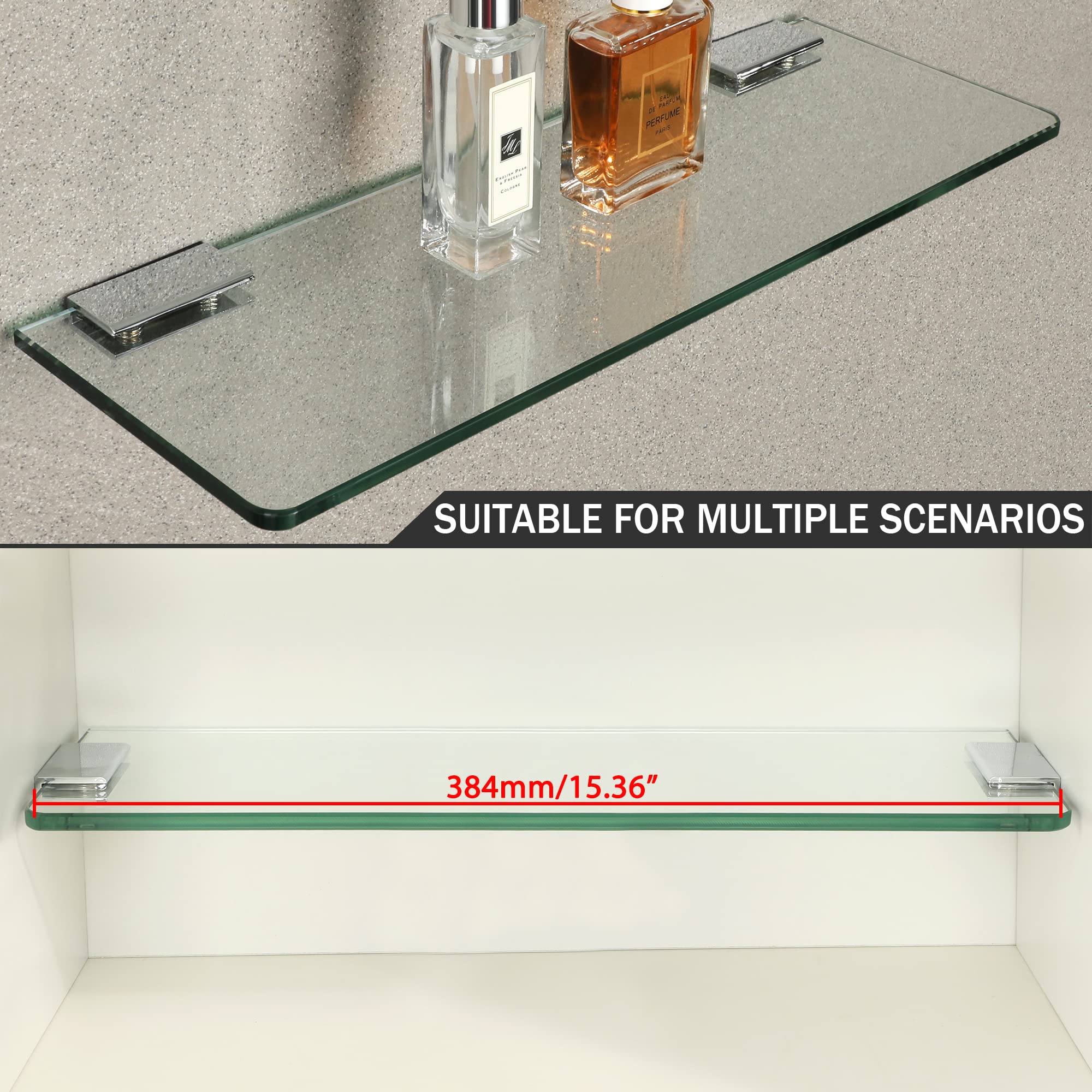 SAYAYO Floating Glass Shelves for Bathroom - 2 Pack 15x5 Inch Thick Tempered Glass Wall Shelves (7mm/2 Inch) - Clear Bathroom Storage for Shower, Vanity & Home Decor