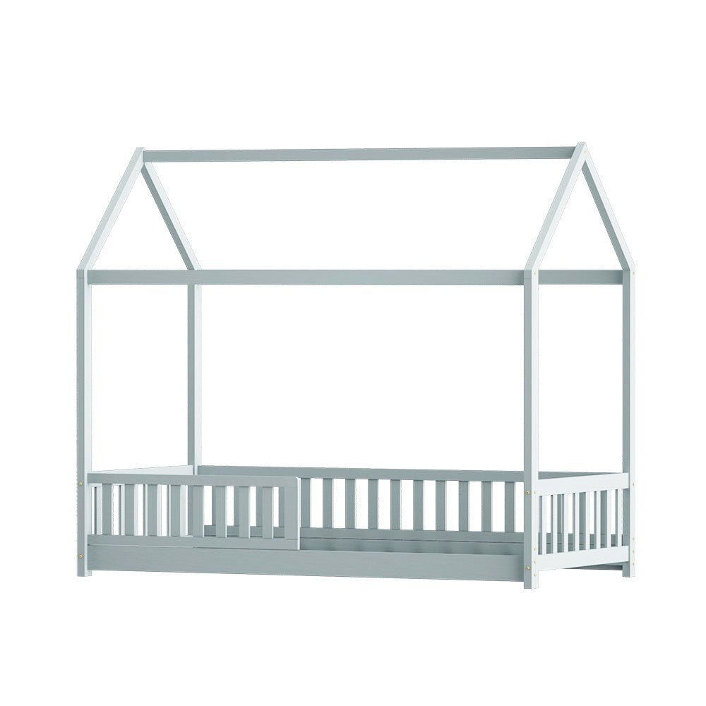 House Style Kids Single Bed Frame - Sturdy Grey Wooden Bed for Children's Room, Toddler Bedroom Furniture, Perfect for Small Spaces and Sleepovers
