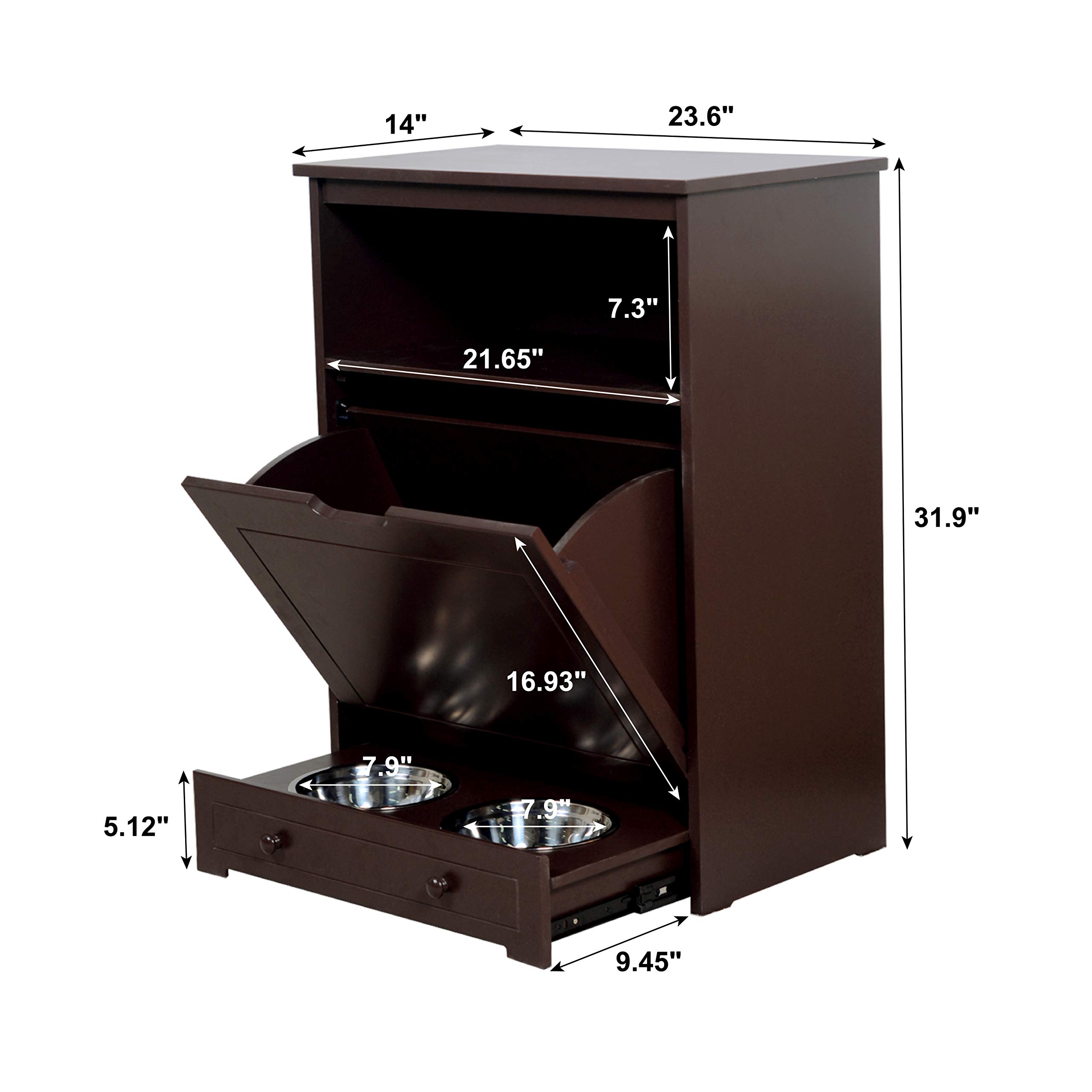 Premium Dog Food Storage Cabinet with 2 Stainless Steel Bowls - Pet Feeding Station & Toy Organizer for Dogs and Cats - Space-Saving Brown Furniture for Kitchen or Laundry Room