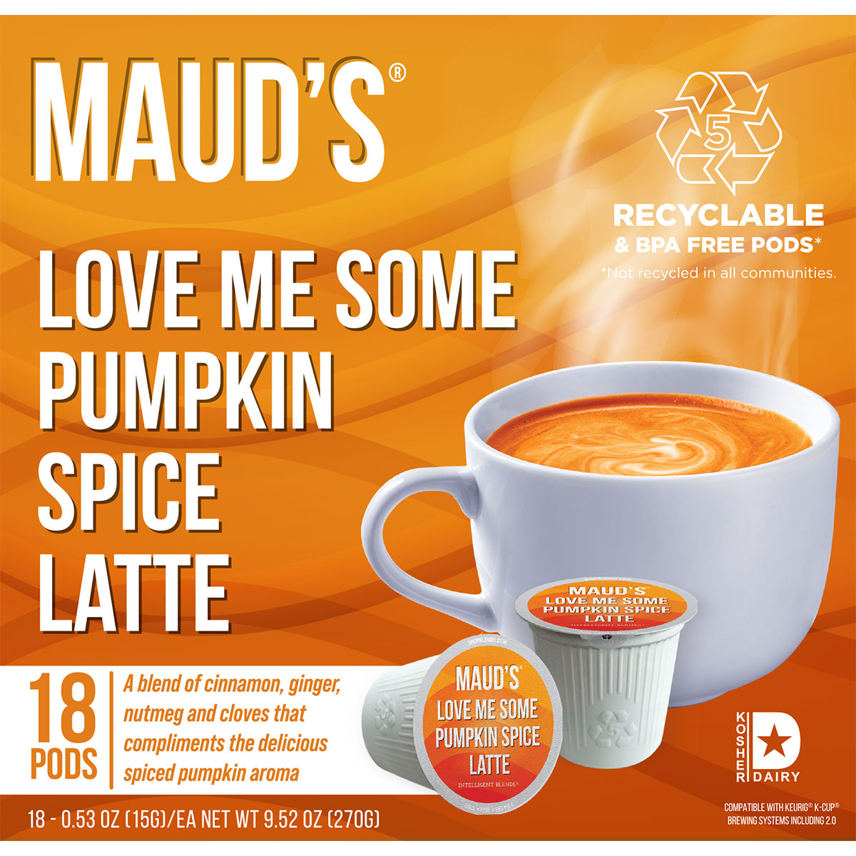 Maud's Pumpkin Spice Latte Coffee Pods - 100% Arabica K-Cup Compatible Pods for Keurig Brewers - Perfect for Fall Mornings & Cozy Evenings