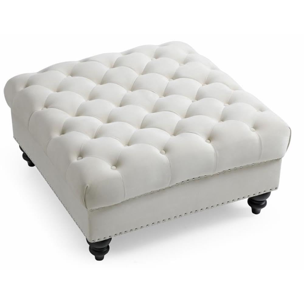 Nola Velvet Ottoman in Ivory - Luxurious Footrest & Storage Bench for Living Room, Bedroom, or Nursery | Glory Furniture