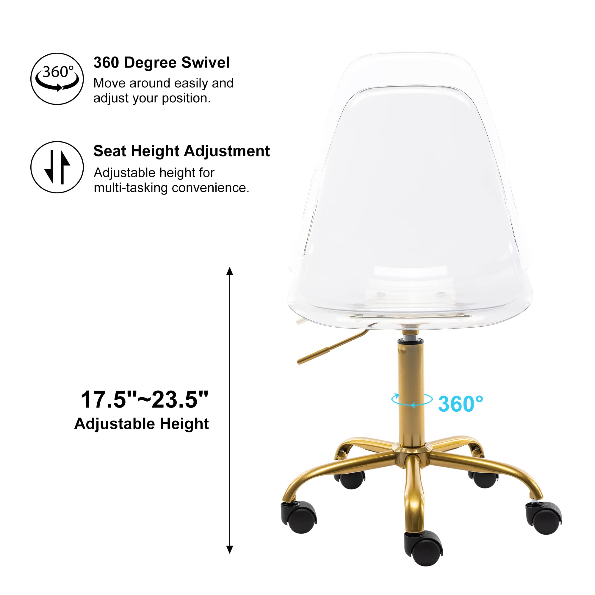 Acrylic Clear Desk Chair with Rolling Wheels & Swivel Base - Height Adjustable Armless Ghost Chair with Golden Feet for Home Office, Vanity, or Study Room