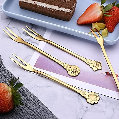 8-Piece Stainless Steel Gold Fruit Forks Set - 2-Prong Appetizer Forks for Cocktails, Salads, Cakes & Desserts - 5.3 Inch Elegant Party Serving Utensils - Perfect for Weddings, Brunches & Tea Parties