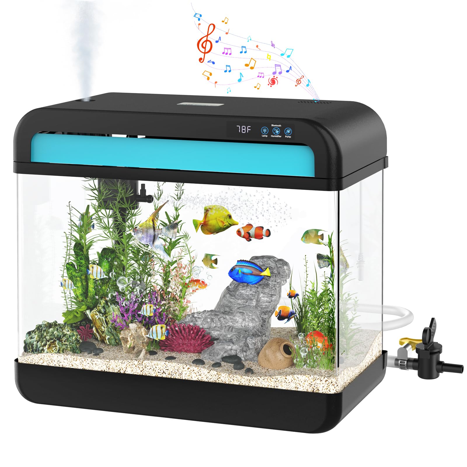 6.3 Gallon Fish Tank Aquarium with Music Humidifier - 7 Color Auto-Looping LED Light, Adjustable Pump, Filtration & Aeration System, Temperature Display, Bottom Water Changer, HD Glass Tank - Perfect for Home, Office, or Classroom Decor & Relaxation