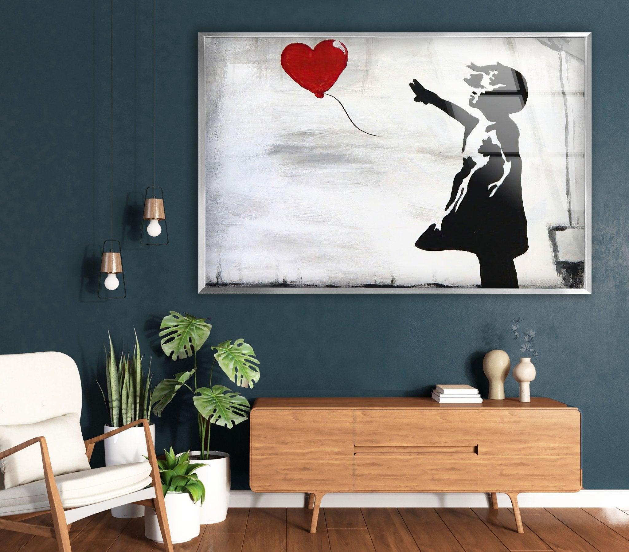 Banksy Girl with Balloon Glass Wall Art - Modern Home Decor for Living Room, Bedroom & Office - Unique Street Art Inspired Glass Print