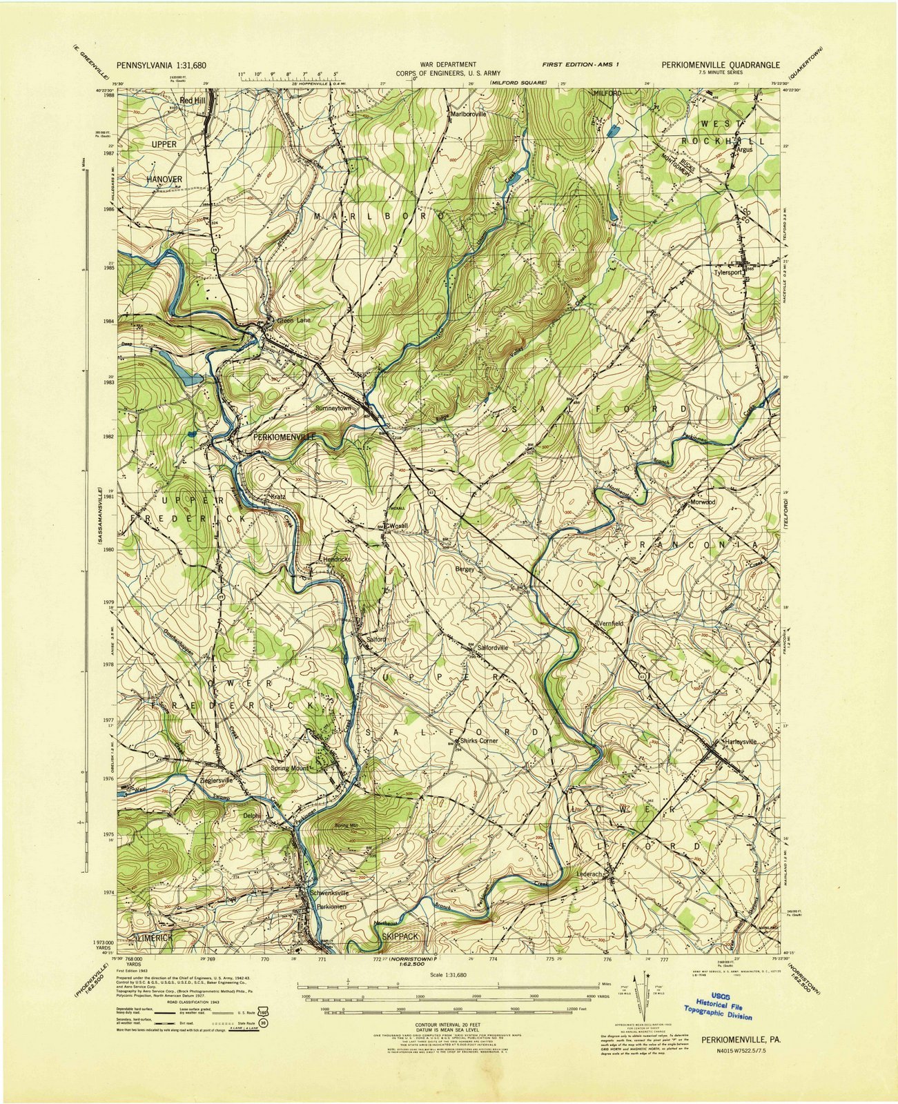 1943 Perkiomenville PA USGS Historical Topographic Map - 44x55 Inch Large Wall Art - Vintage Pennsylvania Decor for Home, Office & Classroom