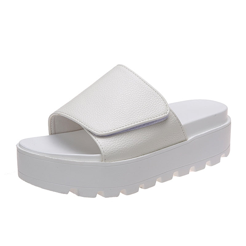 Lovevop Women's Black PU Leather Platform Slippers - Plus Size 43 Thick-Soled Sandals for Summer | Non-Slip Slides Shoes for Women | Comfortable House Shoes & Outdoor Casual Wear