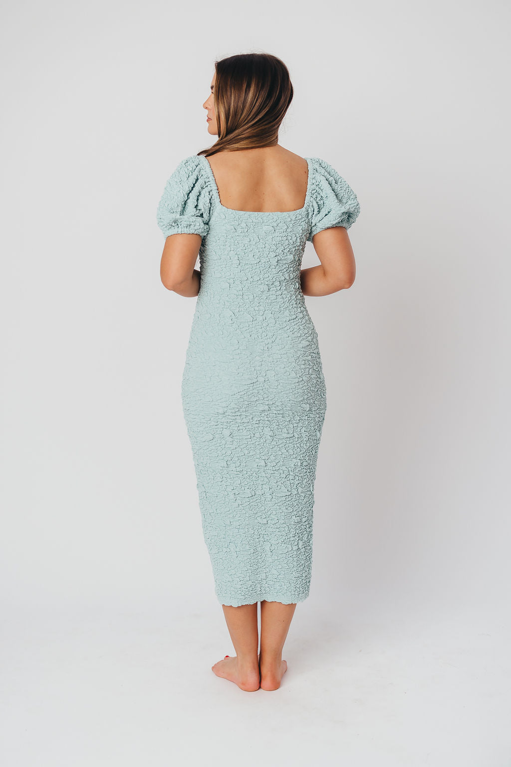Blakeley Textured Midi Dress - Seafoam Green Bump Friendly Maternity Dress for Women | Perfect for Baby Showers, Maternity Photos & Everyday Wear