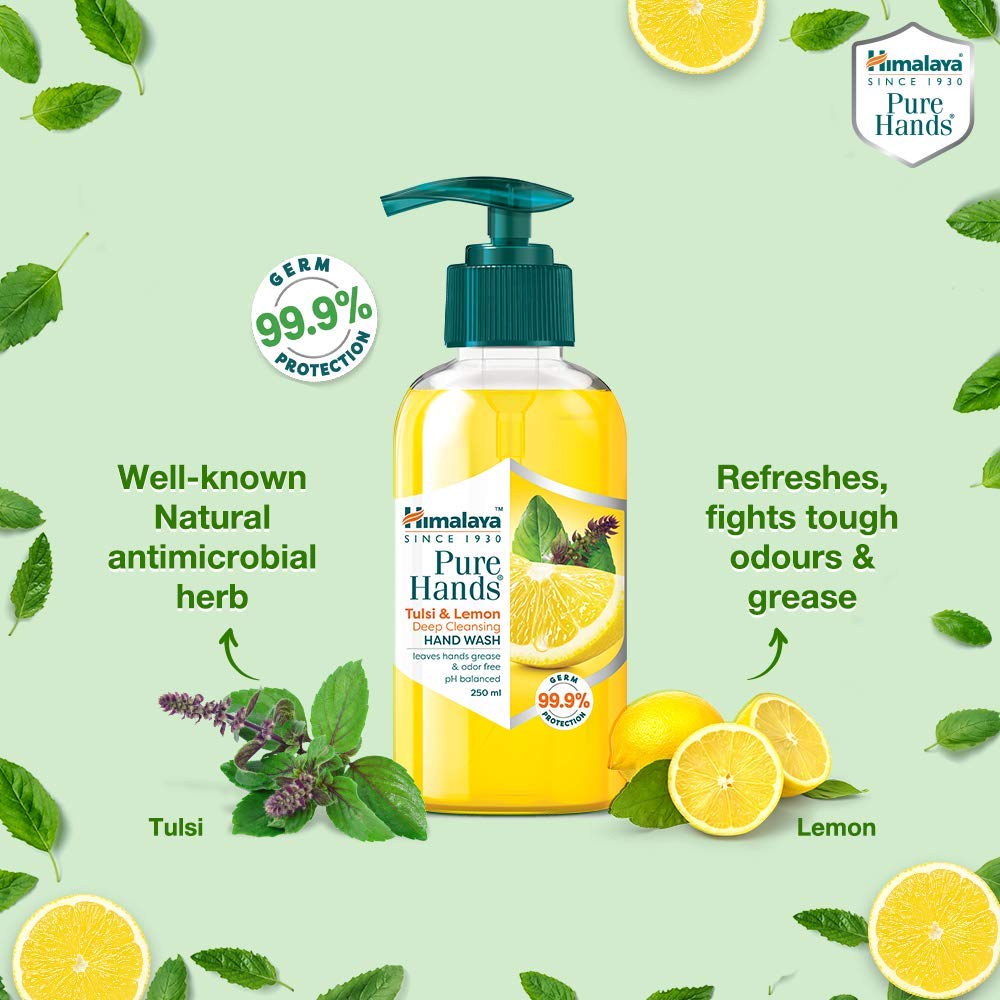 Himalaya Pure Hands Deep Cleansing Tulsi & Lemon Hand Wash Pump 250ml - Refreshing Antibacterial Soap for Kitchen, Bathroom & Office Use
