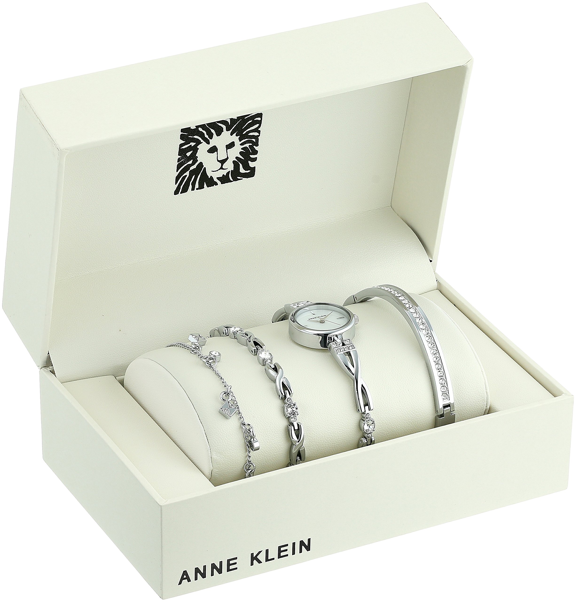 Anne Klein Women's Premium Crystal Accented Silver-Tone Watch & Bracelet Set - Elegant Jewelry Gift for Her, Perfect for Parties, Weddings & Special Occasions