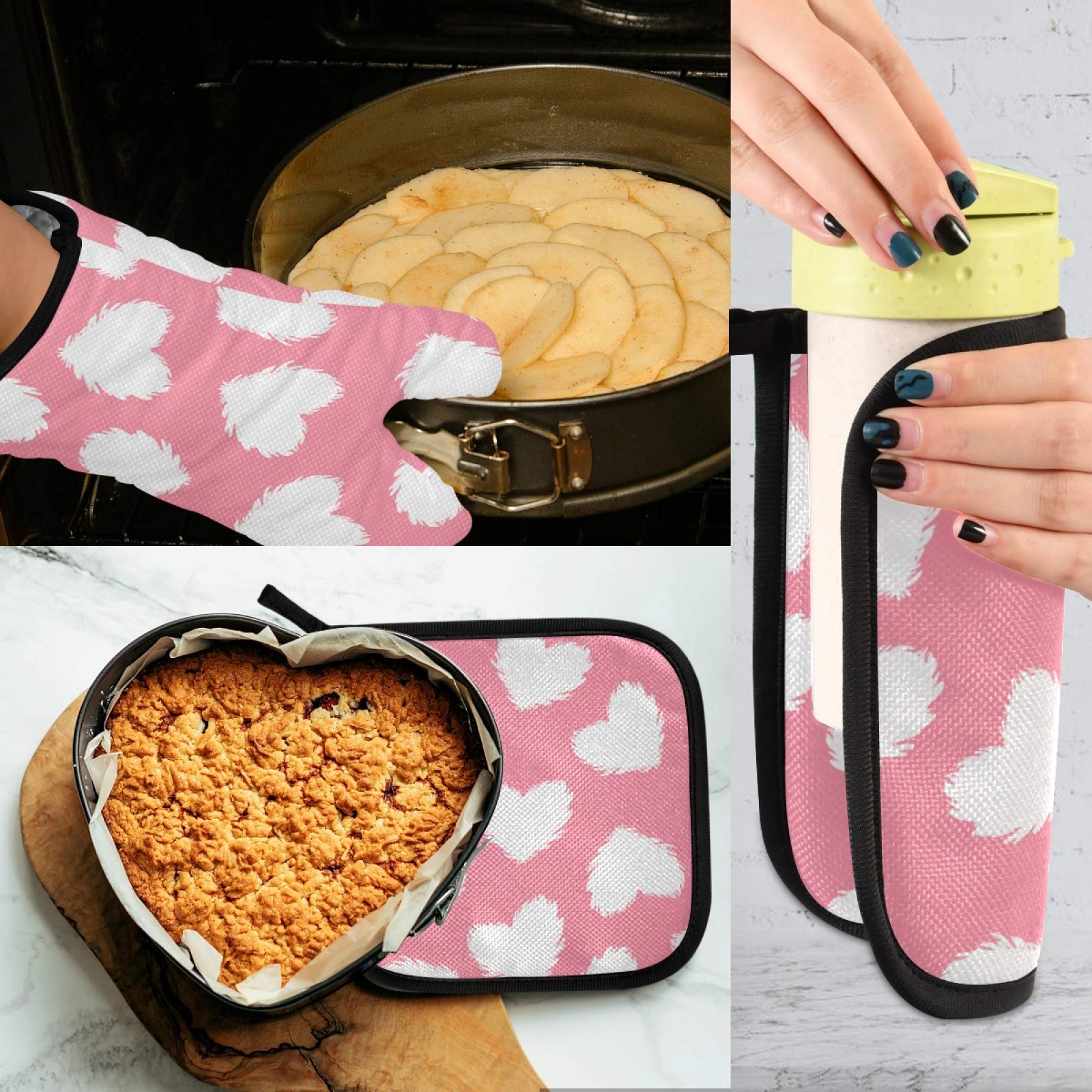 Valentine's Day & Mother's Day Oven Mitts and Pot Holders Set - Heat Resistant Pink Kitchen Gloves for Cooking, Baking, BBQ - Perfect for Holiday Gifts & Home Cooking Safety