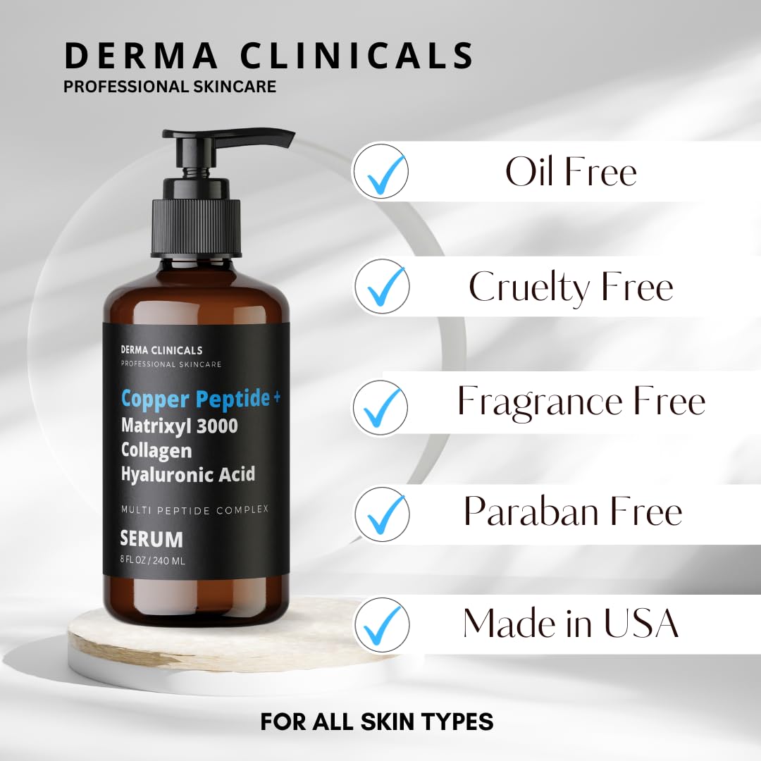 Copper Peptide + Matrixyl 3000 Anti-Aging Face Serum with Collagen & Hyaluronic Acid - Firming & Plumping Wrinkle Treatment for Youthful Skin - 8oz - Perfect for Nighttime Skincare Routine & Daily Anti-Aging Regimen