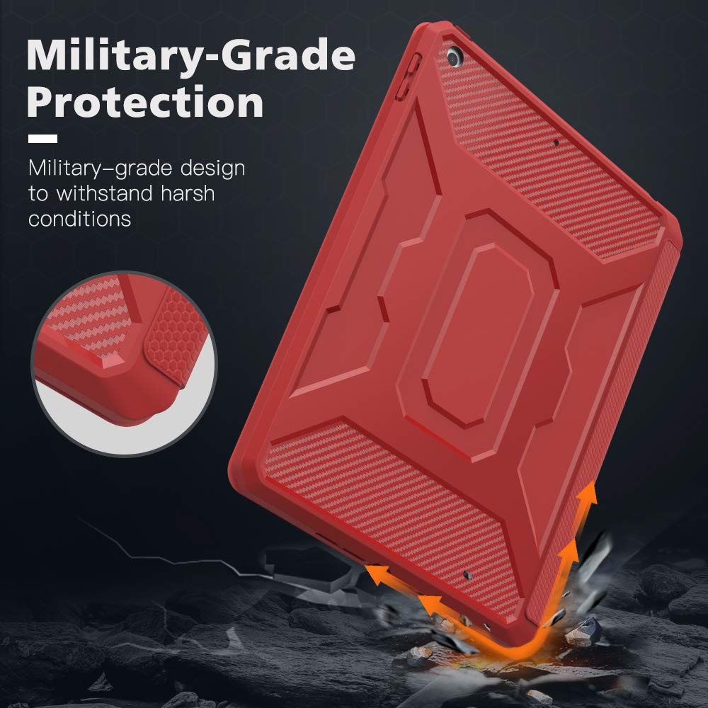 MoKo Shockproof Case for iPad 10.2 Inch (9th/8th/7th Generation 2021/2020/2019) - Built-in Screen Protector & Apple Pencil Holder, Auto Sleep/Wake Protective Cover - Perfect for Work, School & Travel (Red)