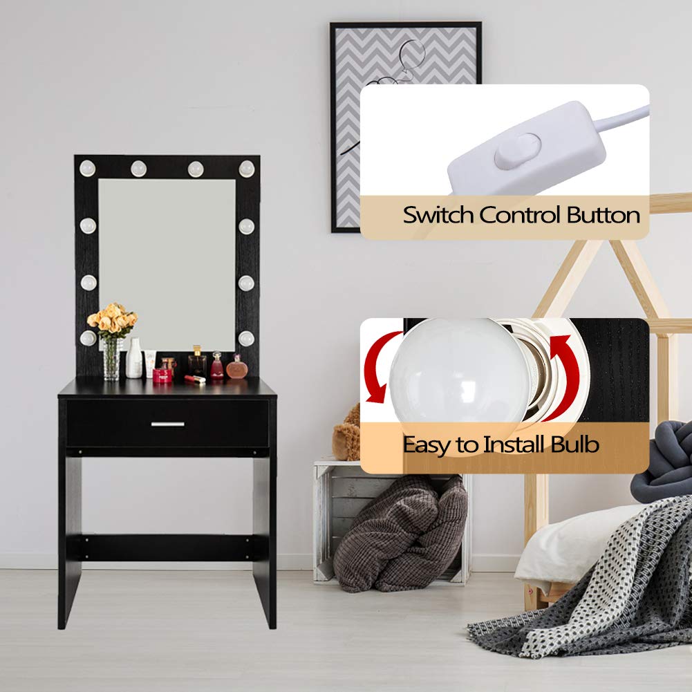 Modern LED Vanity Set with Lighted Mirror & 10 Bulbs - Makeup Dressing Table with Large Drawer, Black Makeup Desk for Bedroom | Perfect for Beauty Routines & Home Decor (Warm White Light)