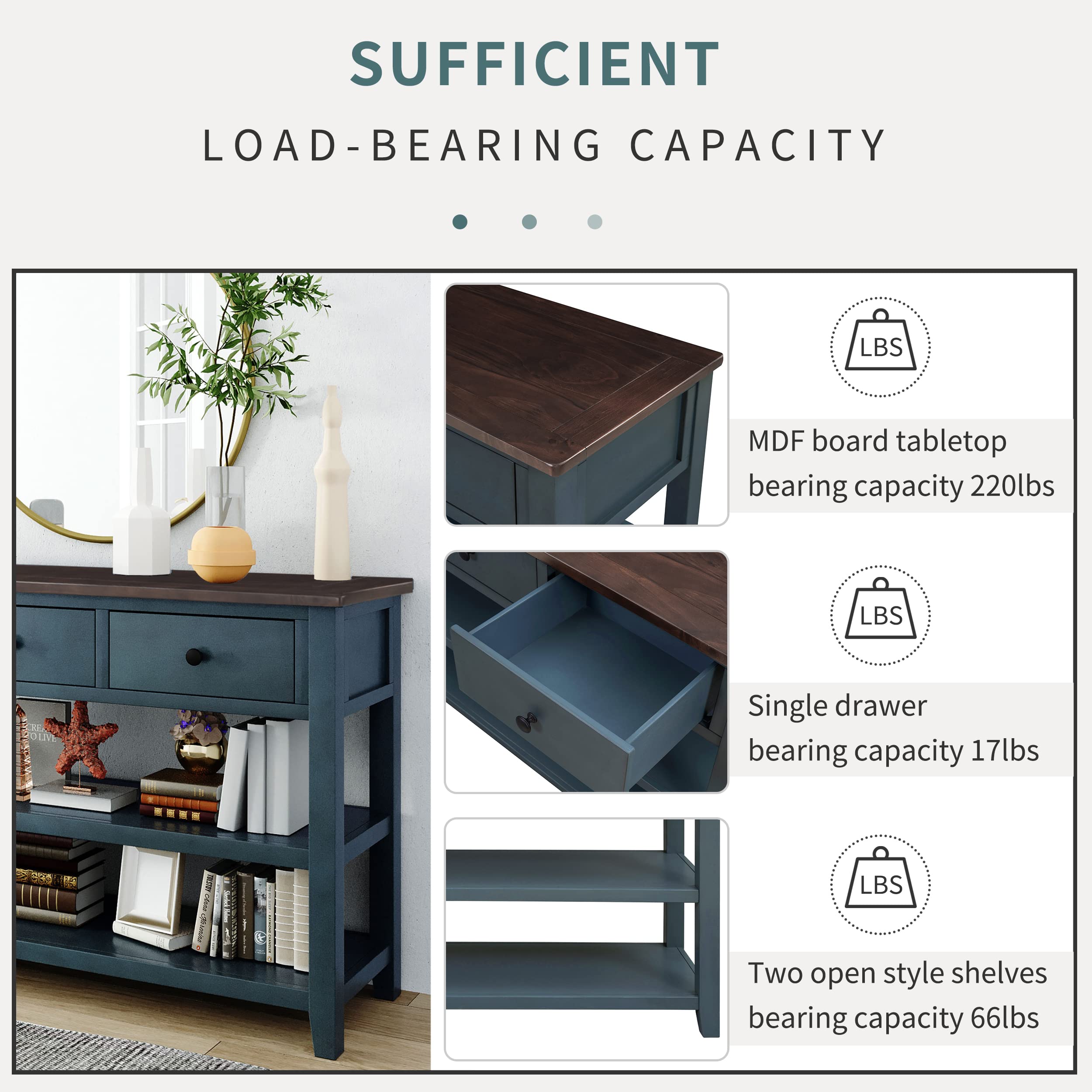Merax 63-Inch Extra Long Console Table with 3 Drawers & 2-Tier Shelves - Modern Entryway Sofa Table for Hallway, Living Room & Bedroom - Space-Saving Narrow Hall Table in Navy Blue