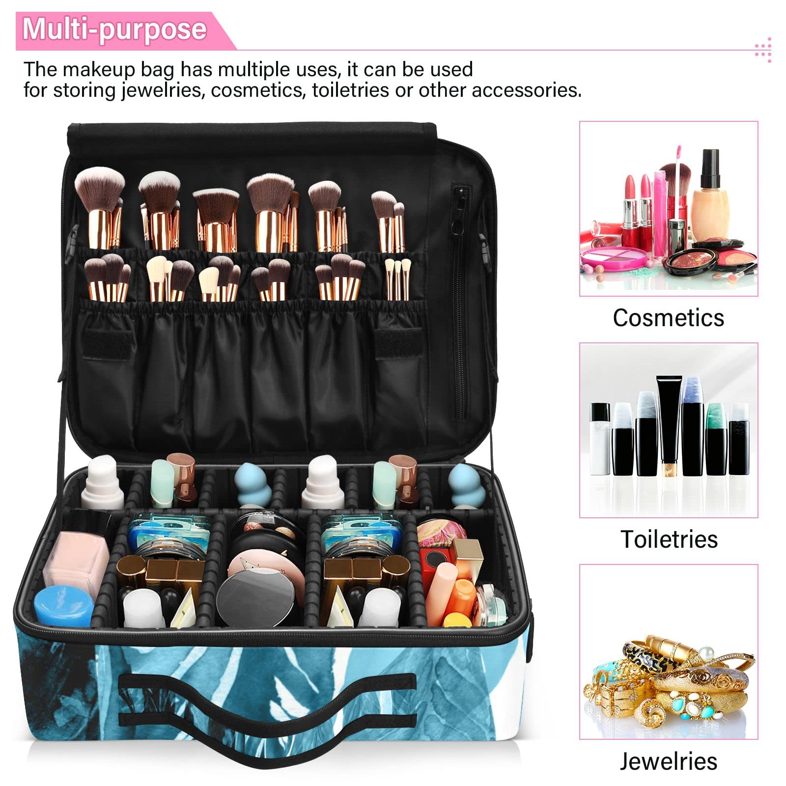 GAIREG Blue Easter Themed Large Makeup Case with Adjustable Dividers - Cosmetic & Toiletry Organizer Bag for Travel, Home Storage (Jungle Forest Design) - Perfect for Easter Gifts, Travel Essentials & Beauty Storage Organization