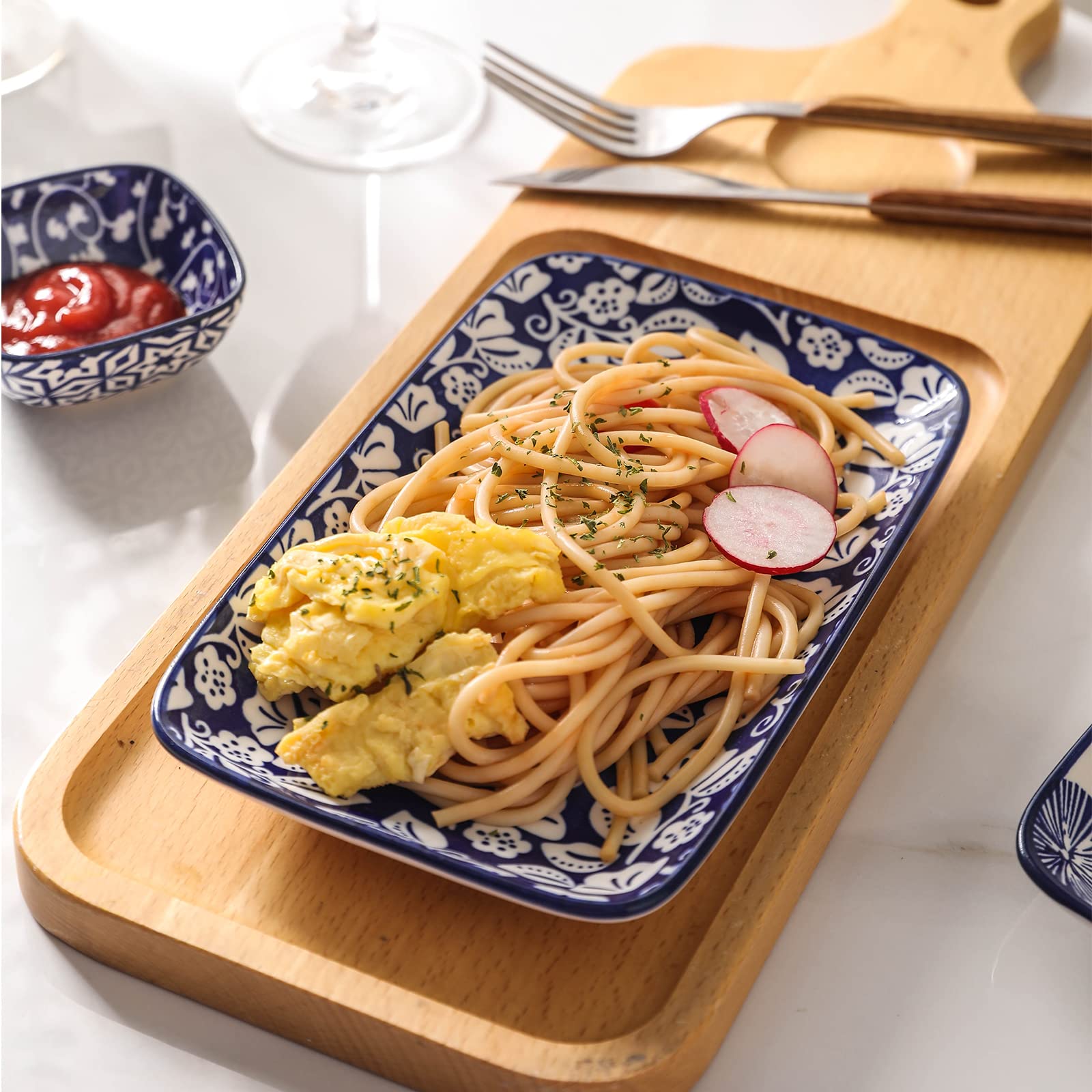 Selamica 8-Inch Rectangular Ceramic Plates - Set of 6 Vintage Blue Salad, Dinner, Pasta & Dessert Plates | Microwave, Oven & Dishwasher Safe | Perfect for Appetizers, Sushi, Fruits & Home Dining