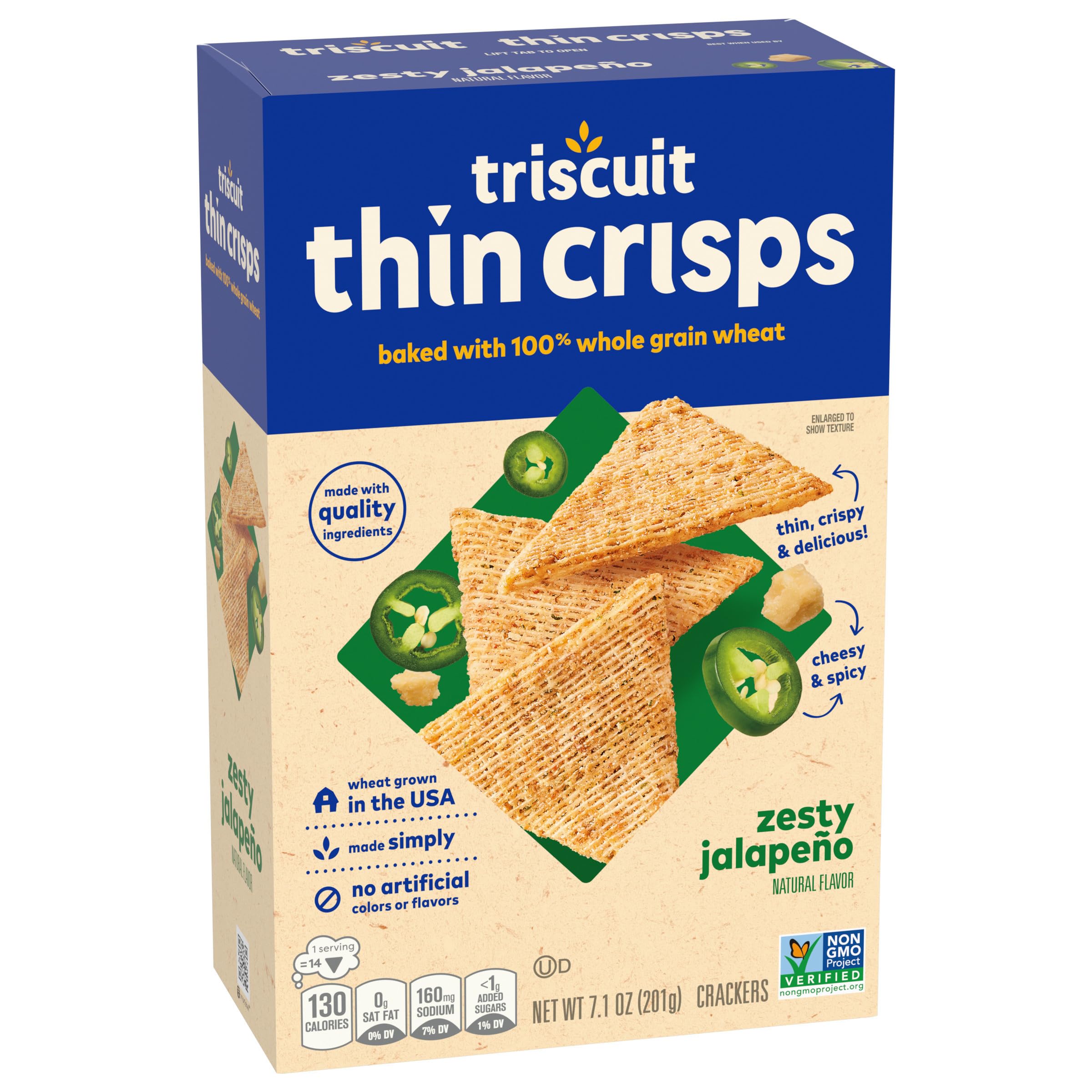 Triscuit Thin Crisps Zesty Jalapeno Whole Grain Wheat Crackers - Healthy Low Fat Snacks for Lunch, Office, or On-The-Go - 7.1 oz Pack (Perfect for Parties, Picnics & School Lunches)