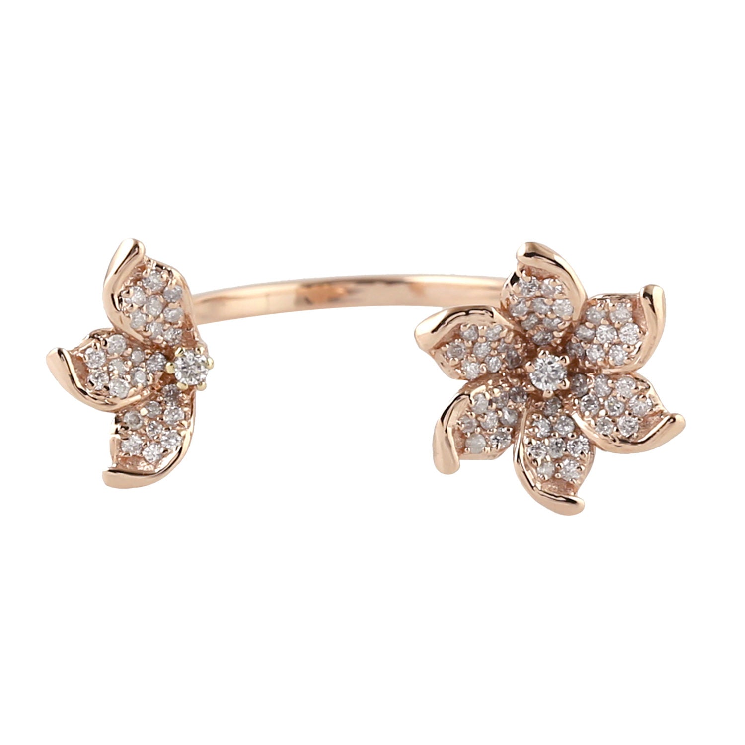 18K Rose Gold Pave Diamond Flower Design Stackable Between Finger Ring for Women - Elegant Bridal Jewelry, Wedding Band, Anniversary Gift, Party Accessory
