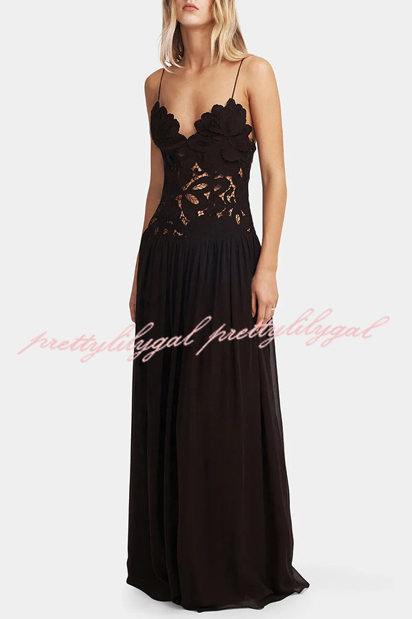 Stephanie Floral Crochet Lace Bust Chiffon Flowy Hem Maxi Dress for Women - Elegant Summer Beach Wedding Party Dress