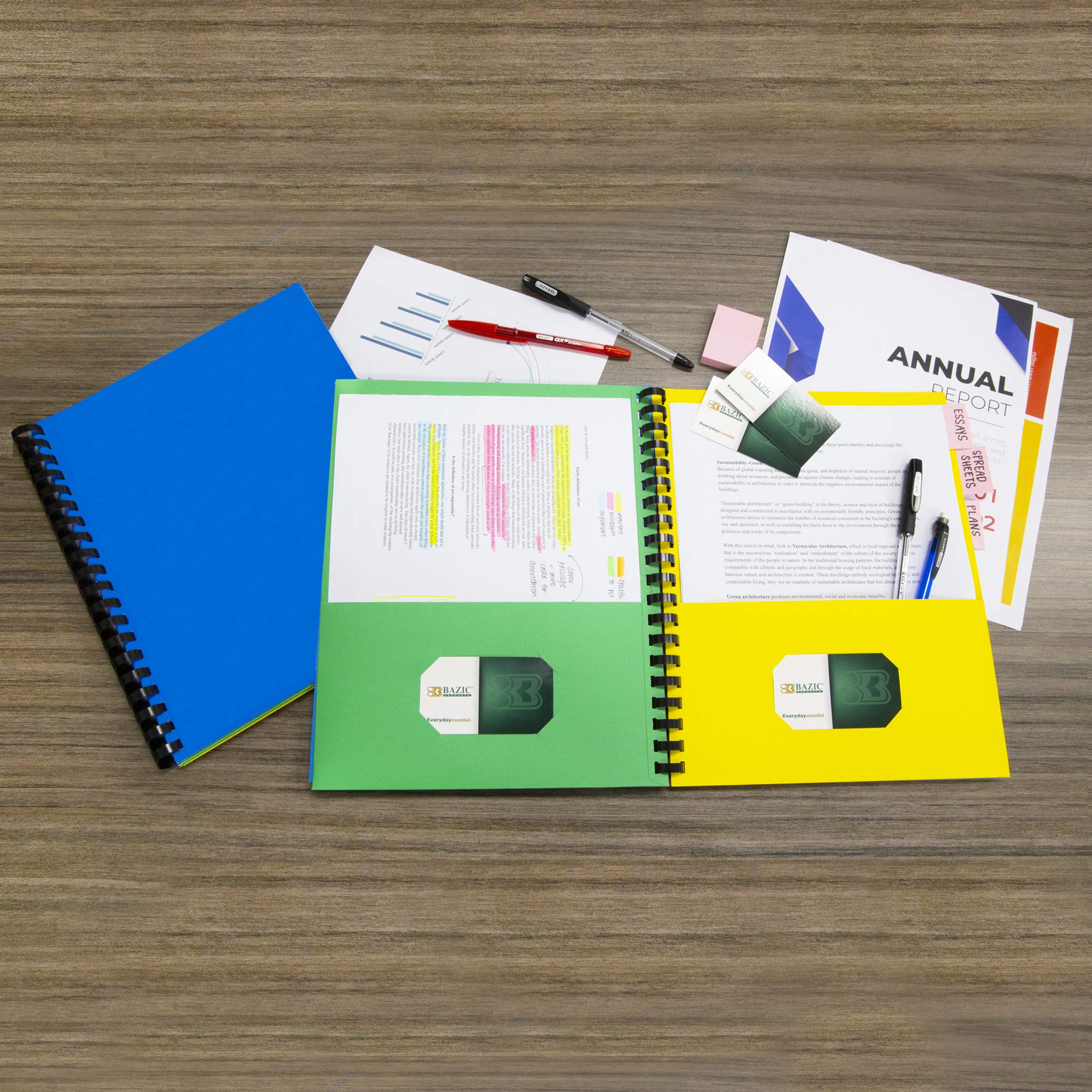 BAZIC 8-Pocket Portfolio Folder with Double Loop Wire Binding, Letter Size Document Organizer for Office & Business - 3-Pack - Perfect for School, Work, and Professional Document Storage