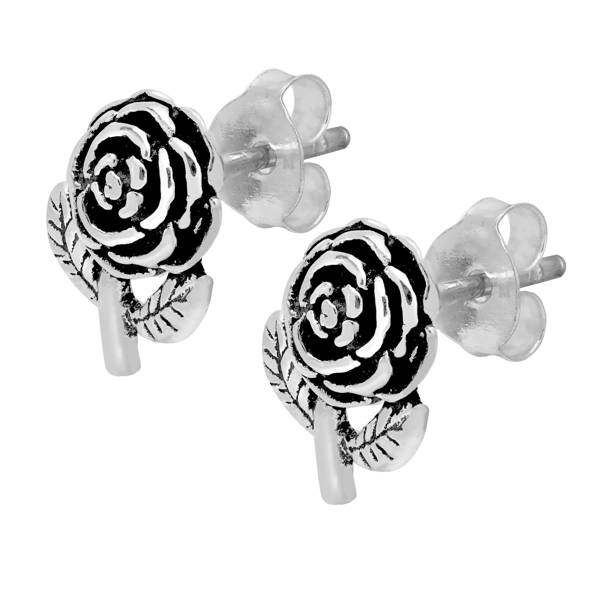 AeraVida Blooming Rose Stem Sterling Silver Post Stud Earrings for Women - Minimalist Rose Flower Jewelry Gift for Daughter, Girlfriend, Wife - Perfect for Weddings, Date Nights, Office Wear & Everyday Elegance