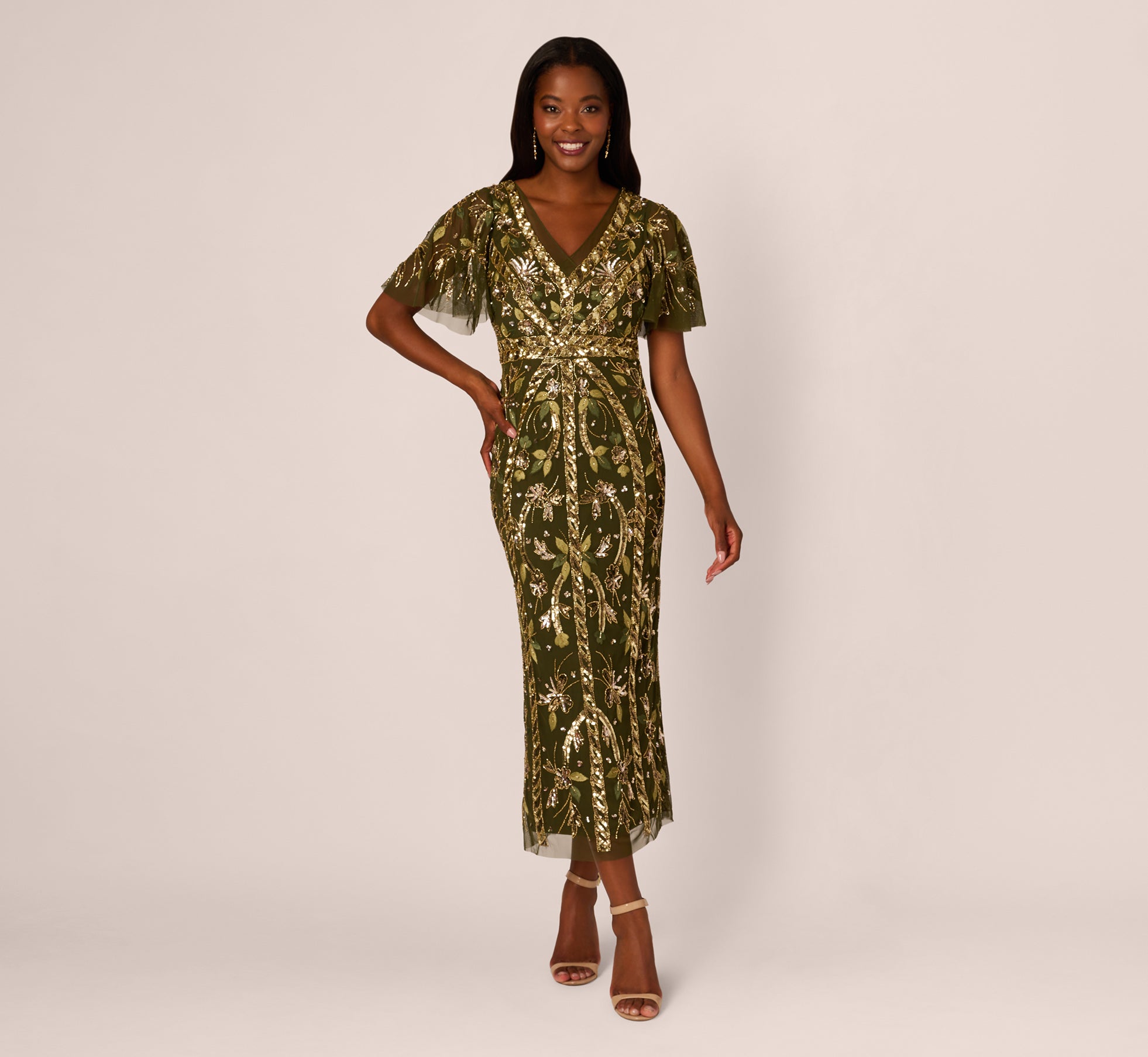 Sequin Beaded Ankle Length Dress With Flutter Sleeves in Olive Green - Perfect for Evening Parties, Cocktail Events & Special Occasions