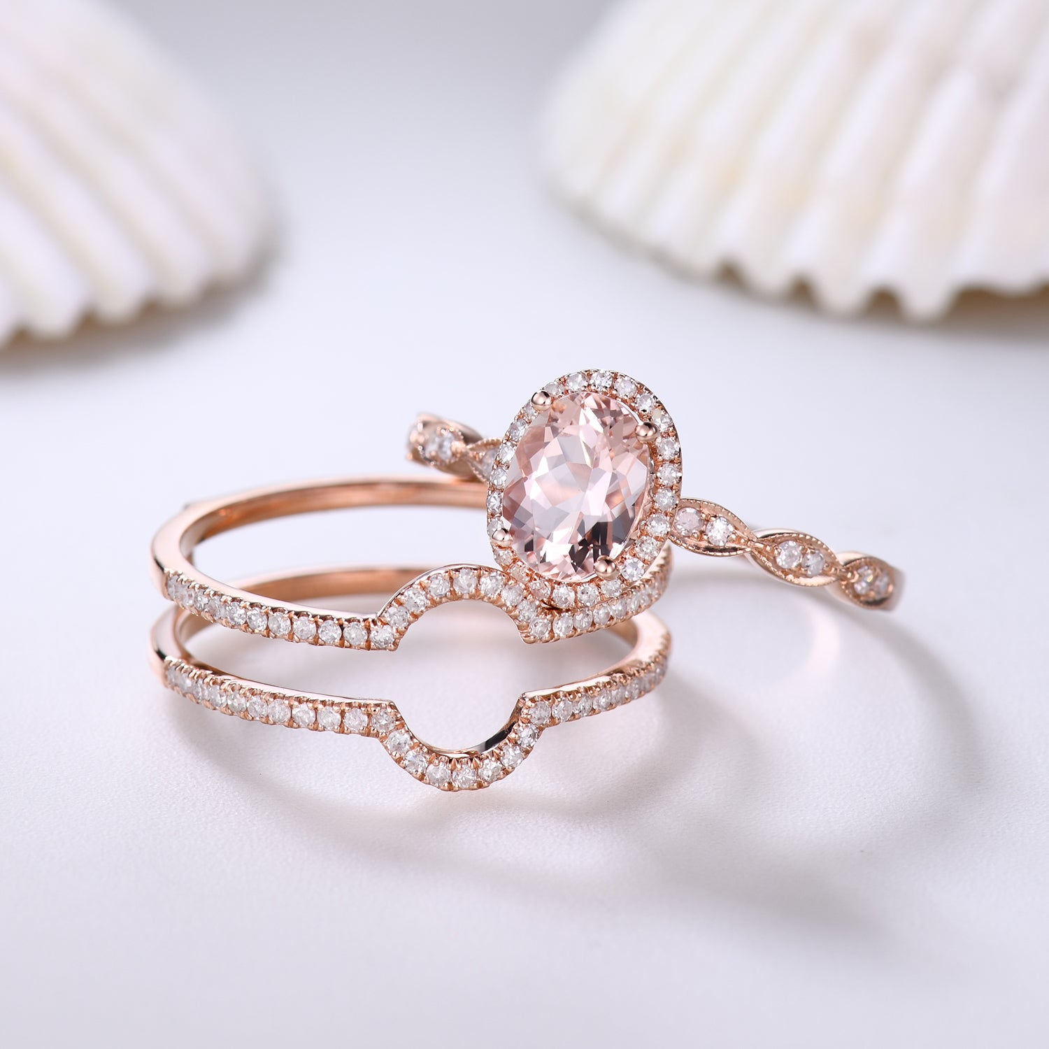 Stackable Oval Cut Morganite Engagement Ring Set with Diamond Accent Double Row Band - Perfect for Bridal, Wedding, and Anniversary Gifts