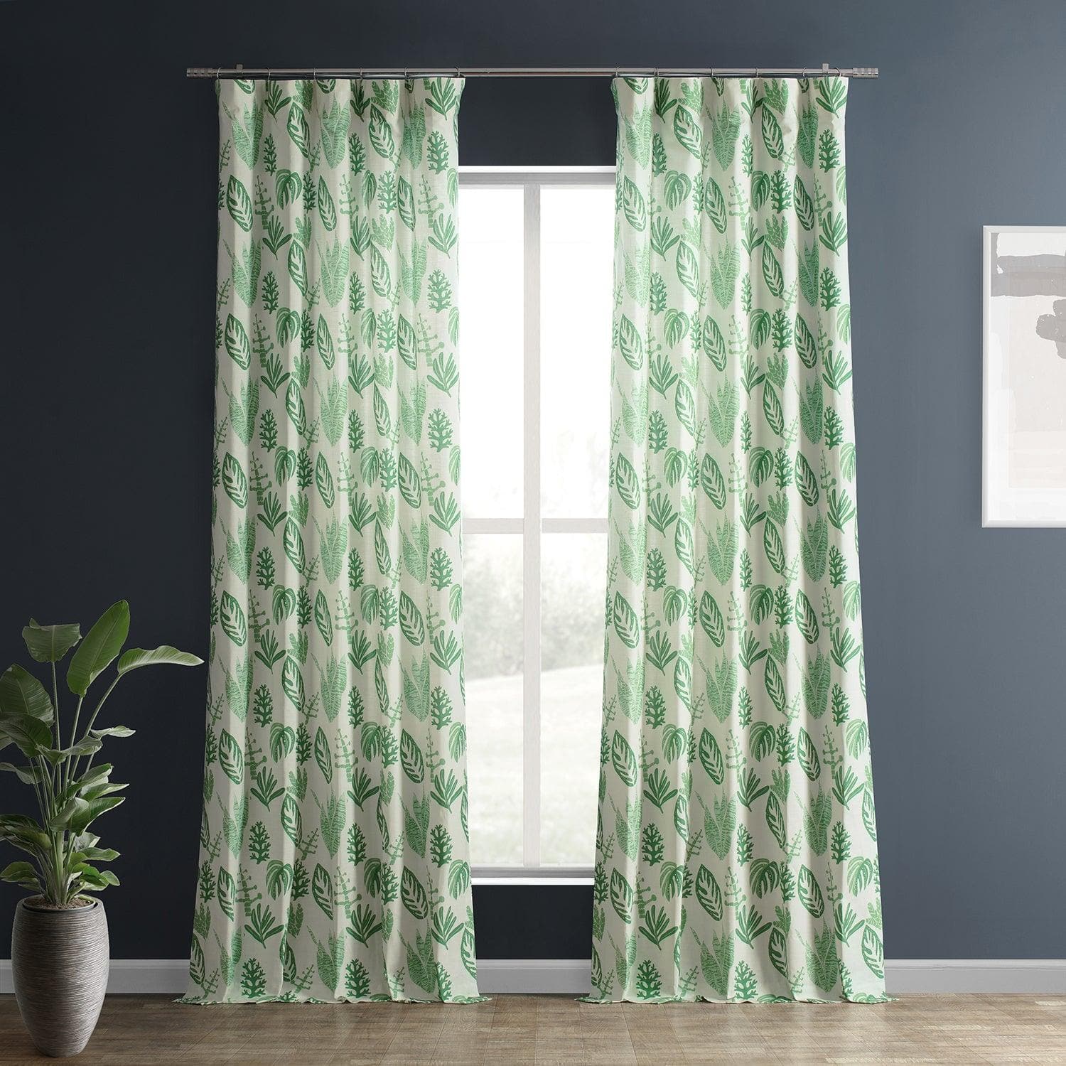 Palm Beach Green Floral Textured Printed Cotton Curtains - Elegant Window Treatments for Living Room, Bedroom & Coastal Home Decor