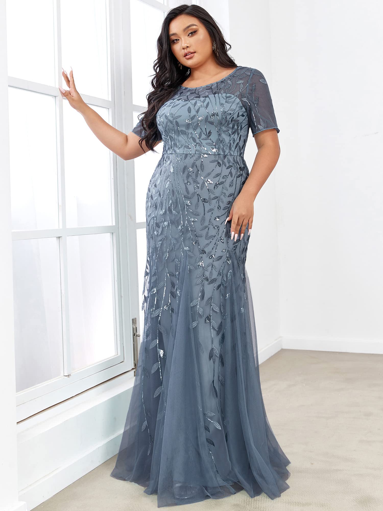 Ever-Pretty Women's Plus Size Embroidery Sequin Short Sleeve Bodycon Maxi Dress 07707-PZUSA | Elegant Formal Evening Gown for Weddings, Prom, Cocktail Parties & Special Occasions