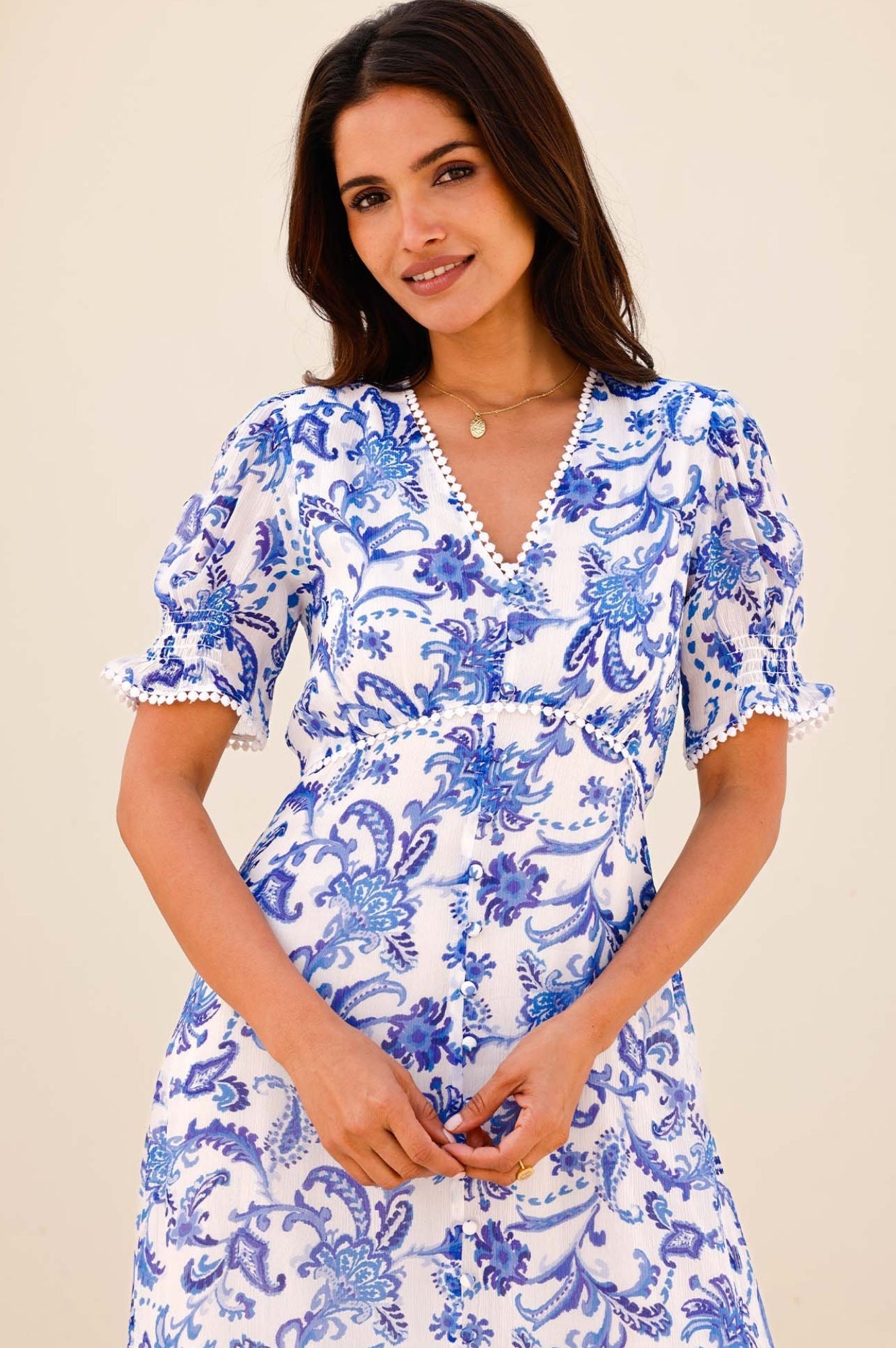 Short Sleeve Sally Anne Dress - Paisley Floral Print in White & Blue | Casual Summer Dress for Women, Perfect for Beach Outings and Garden Parties