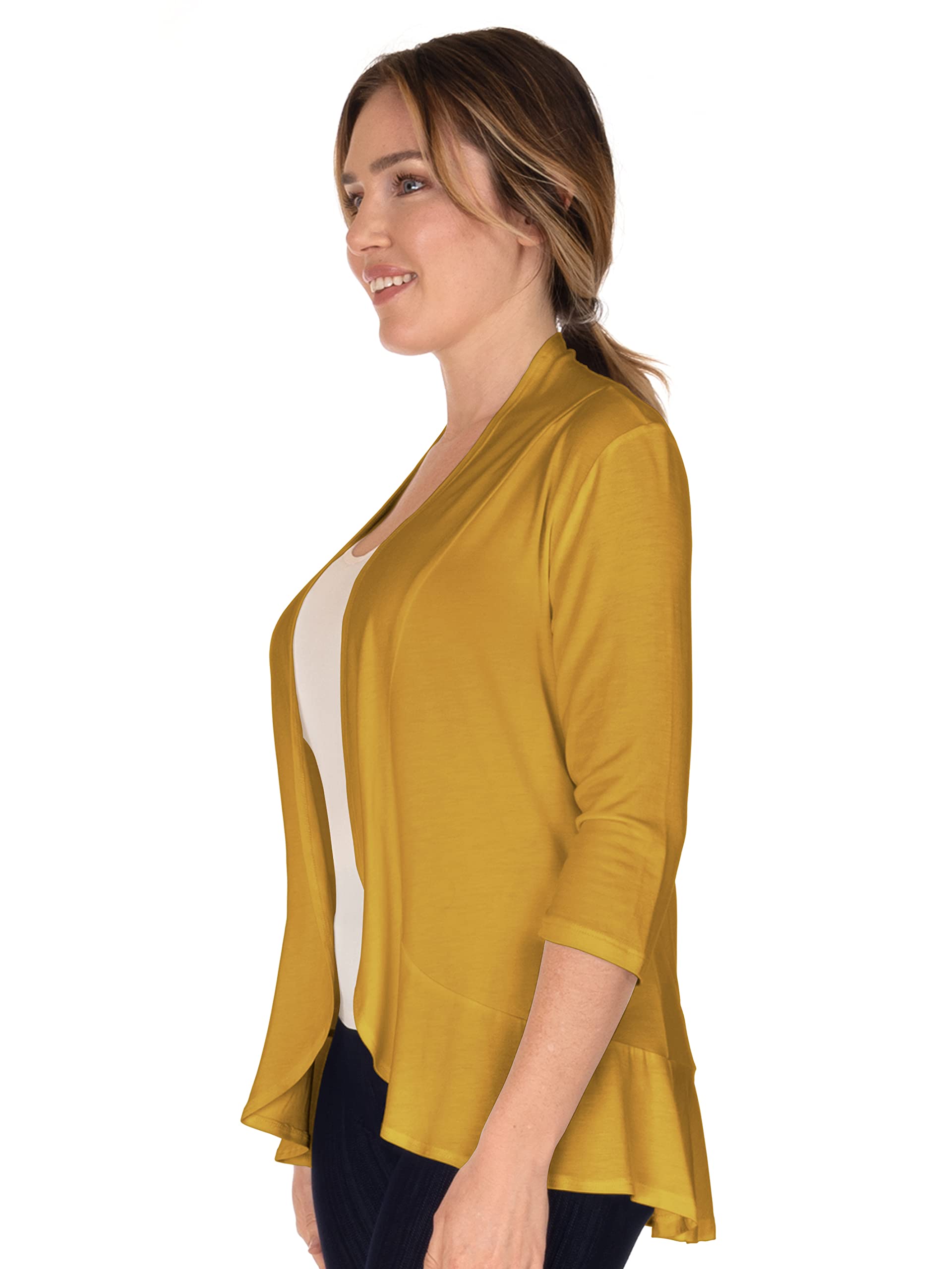 Women's Mustard 3/4 Sleeve Ruffle Cardigan Sweater - Large Size, Casual Fall Layering Piece for Office, Date Night & Autumn Outfits