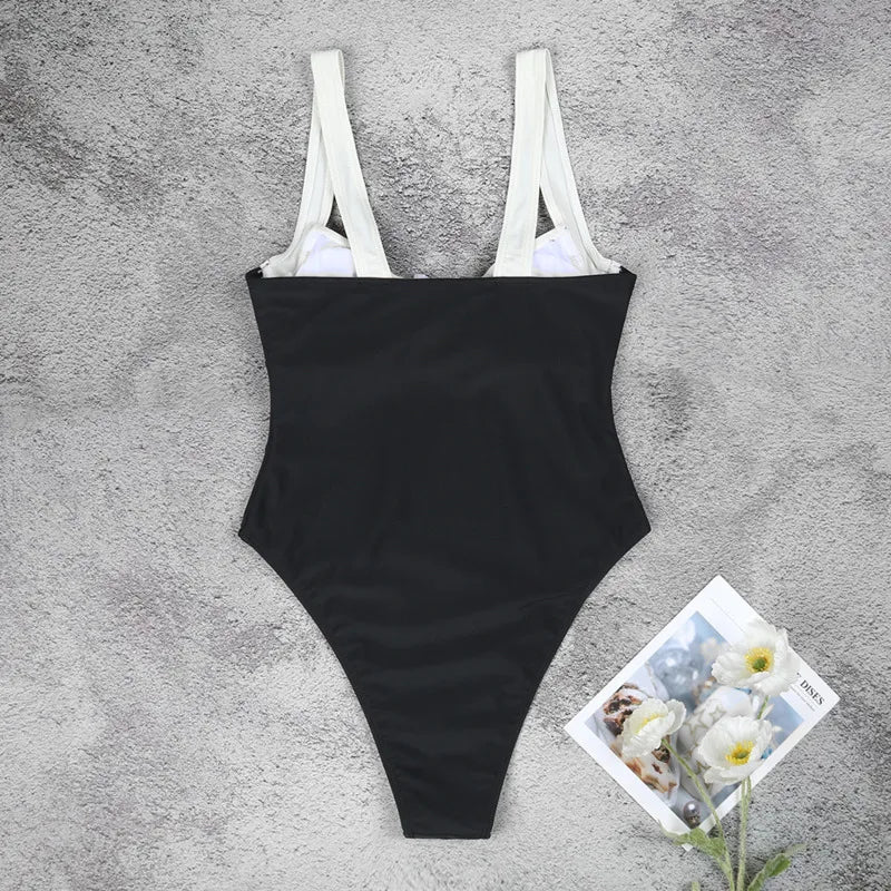 Women's Sexy Backless One Piece Swimsuit - Black & White Beach Bikini Set with Adjustable Shoulder Straps | Perfect for Summer Vacations, Pool Parties & Tropical Getaways