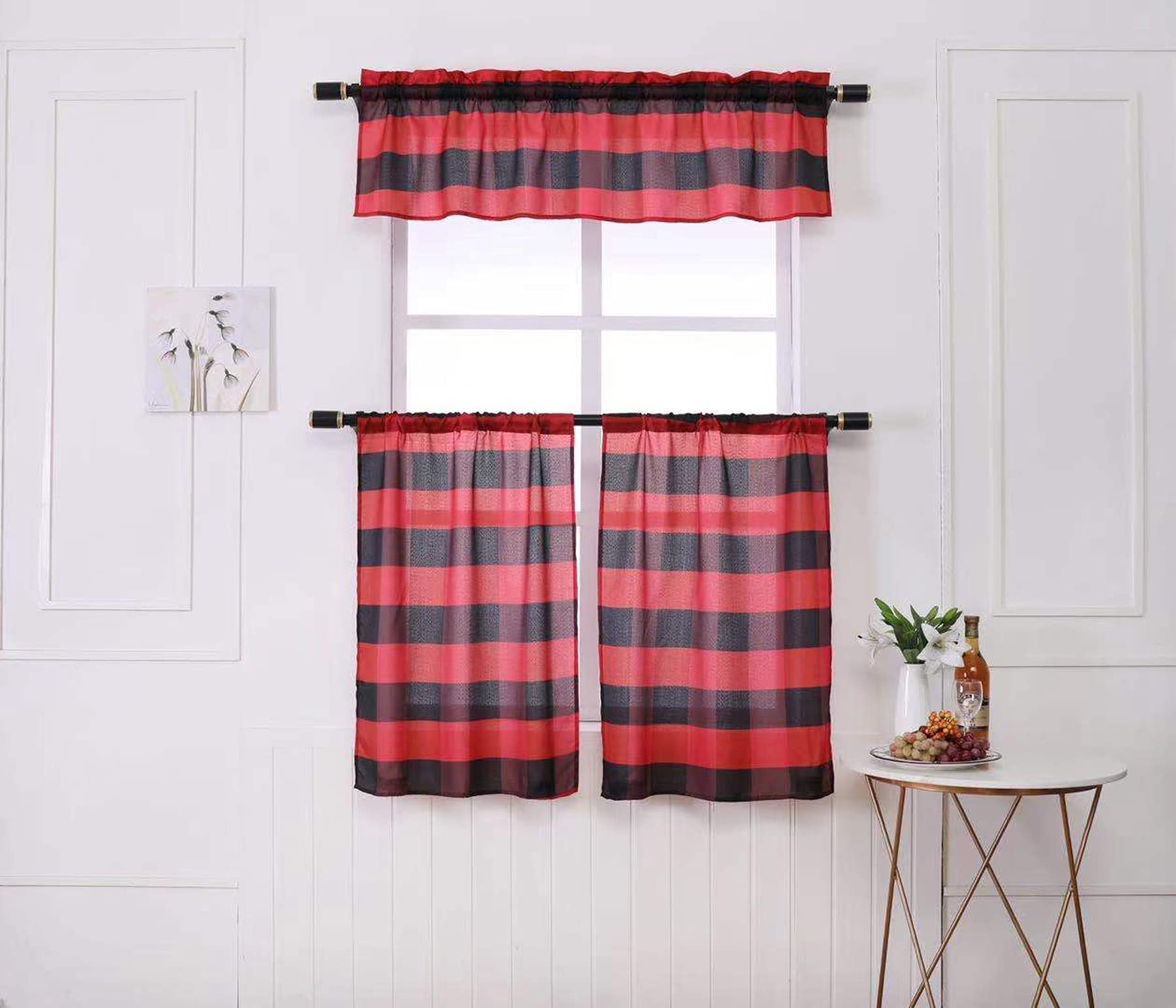 MarCielo 3-Piece Buffalo Check Plaid Window Curtain Set with Swag & Tier for Kitchen - Buffalo Red/Check - Perfect for Farmhouse, Country Style & Cozy Home Decor