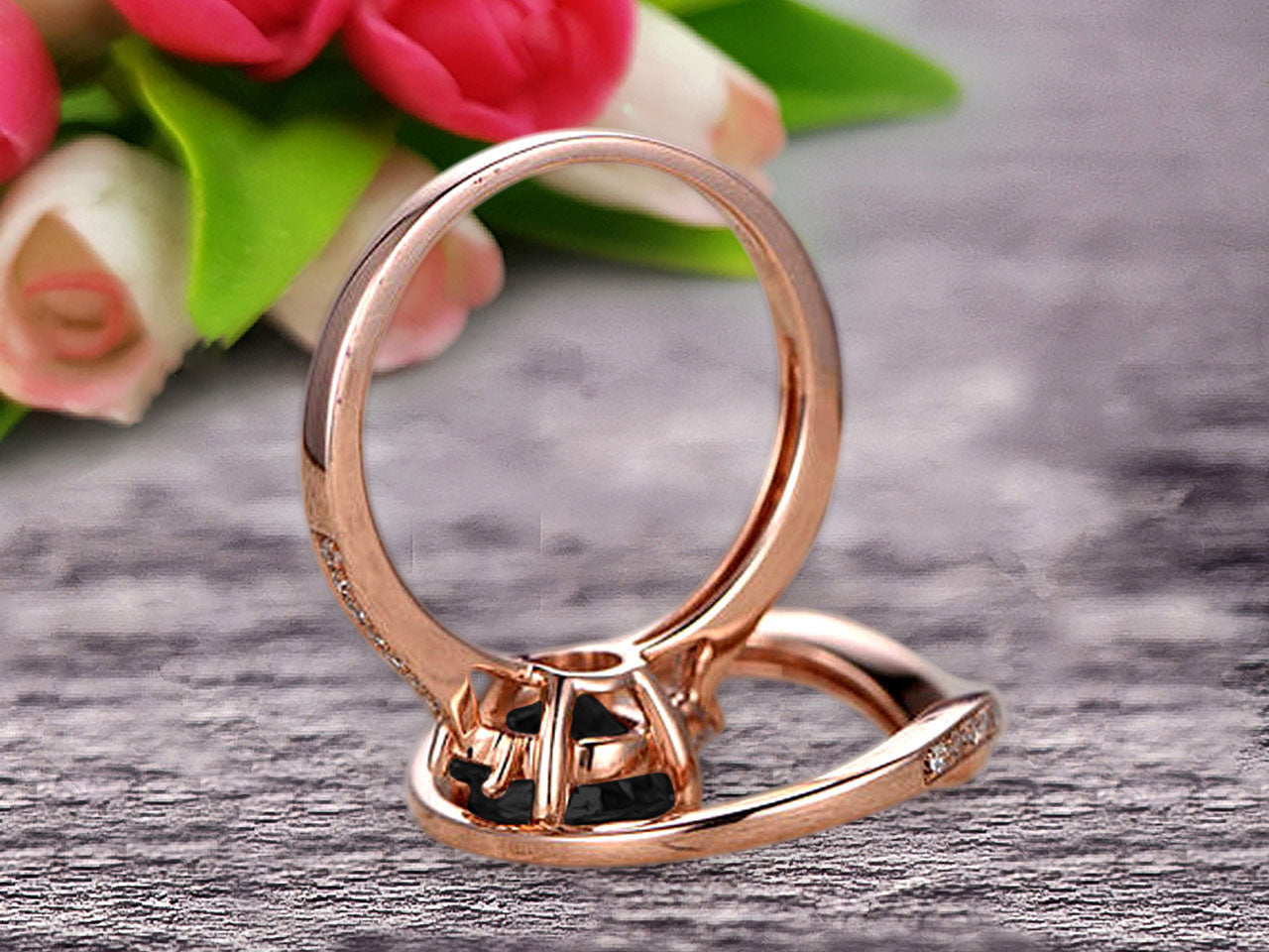 1.50 Carat Black Diamond Moissanite Engagement Ring 10k Rose Gold Wedding Set - Anniversary Ring, Promise Ring for Women - Curved V-Shape Matching Band - Perfect for Proposals, Anniversaries & Special Occasions