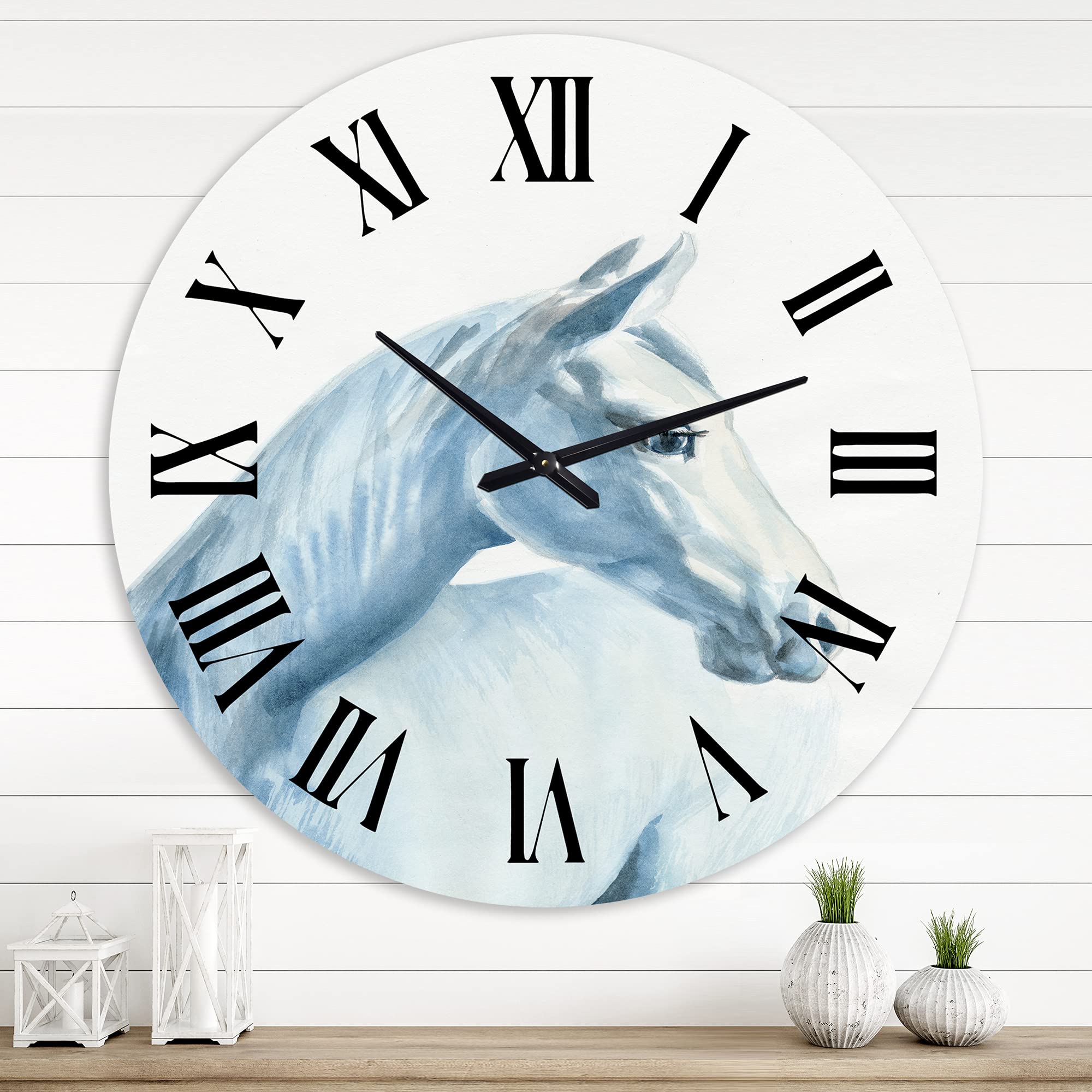 Farmhouse Wall Clock with Light Blue Horse Portrait - Large Rustic Animal Wall Clock for Bedroom, Living Room & Office Decor | Perfect for Home, Farmhouse & Country Style Interiors