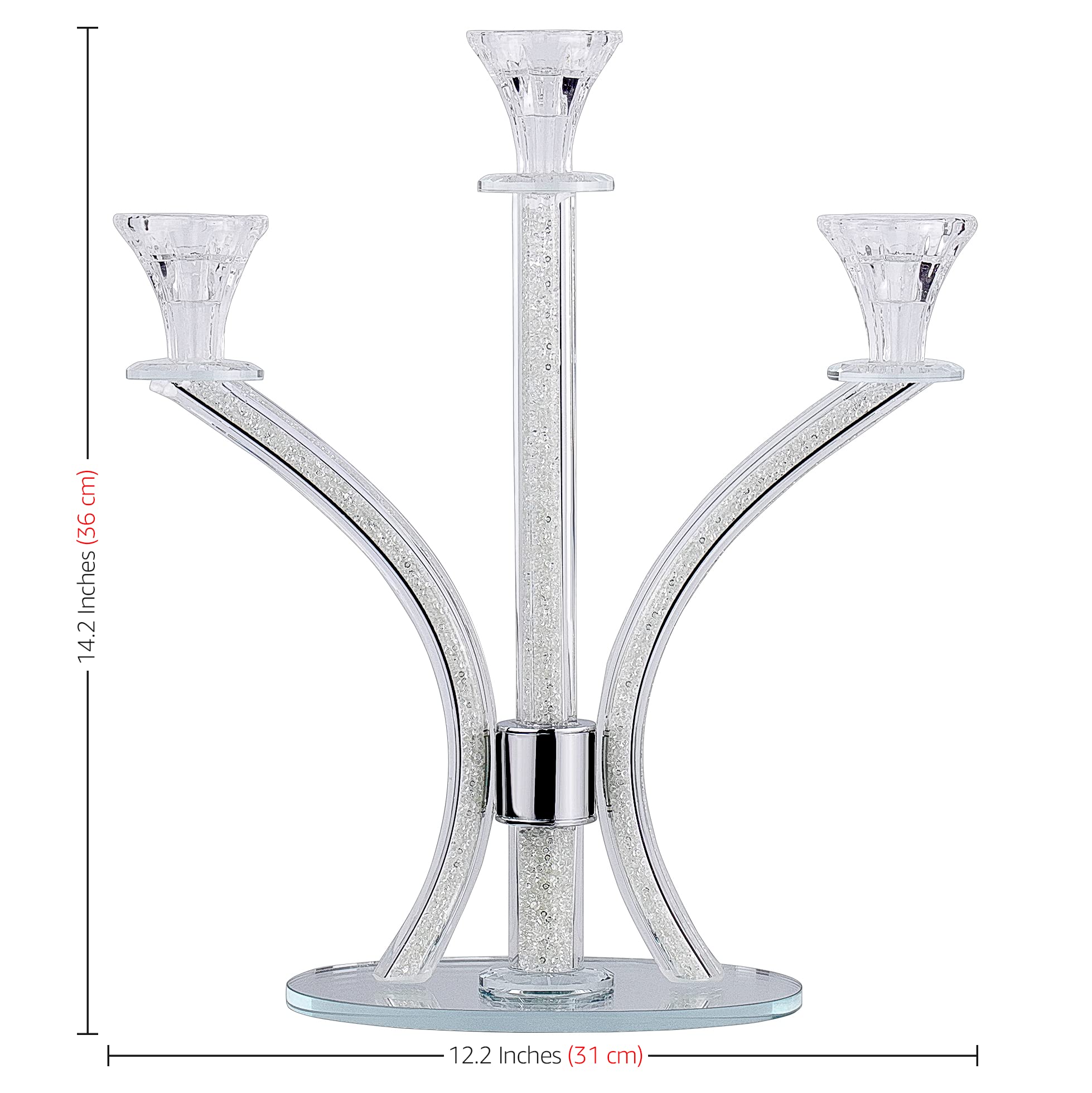 3-Arm Crystal Candelabra - Elegant Taper & Tea Light Candle Holder for Dining Table Centerpiece, Wedding Decor, Romantic Dinner Lighting - Clear Glass