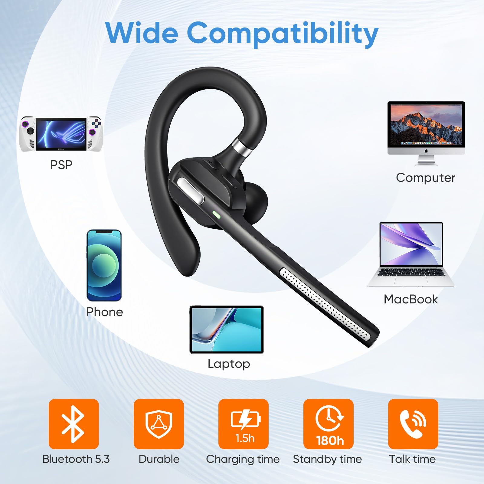 Wireless Bluetooth Headset with Noise Cancelling Microphone - USB Dongle for PC & Laptop - Lightweight Hands-Free Headset for Business Calls, Online Meetings, MS Teams, Zoom - Perfect for Remote Work & Office Use