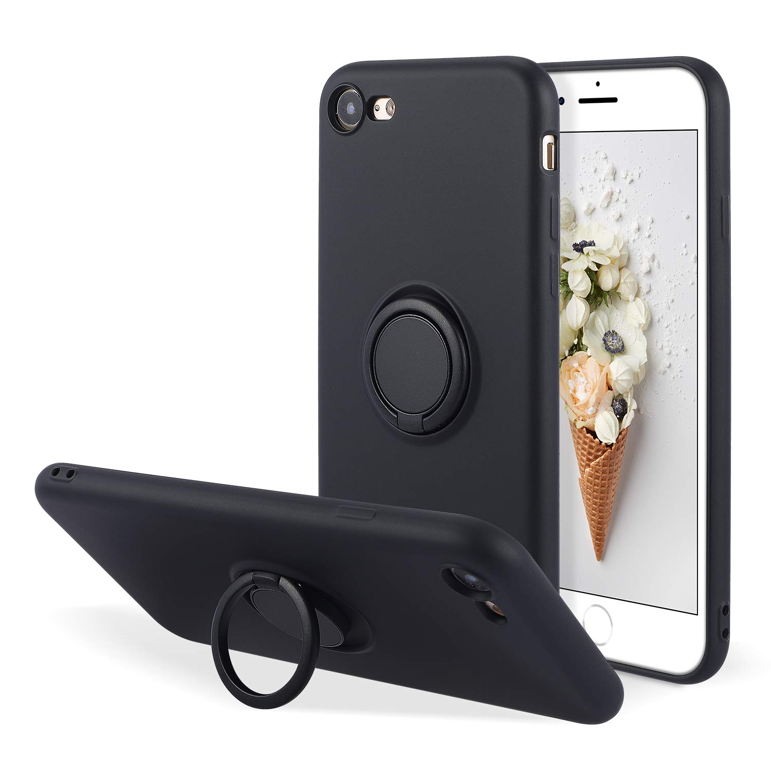 UEEBAI Liquid Silicone Phone Case with Ring Holder & Magnetic Car Mount for iPhone SE 2022/SE 2020/7/8 (4.7 Inch) - Slim Protective Cover with Kickstand - Perfect for Driving, Work & Daily Use - Black
