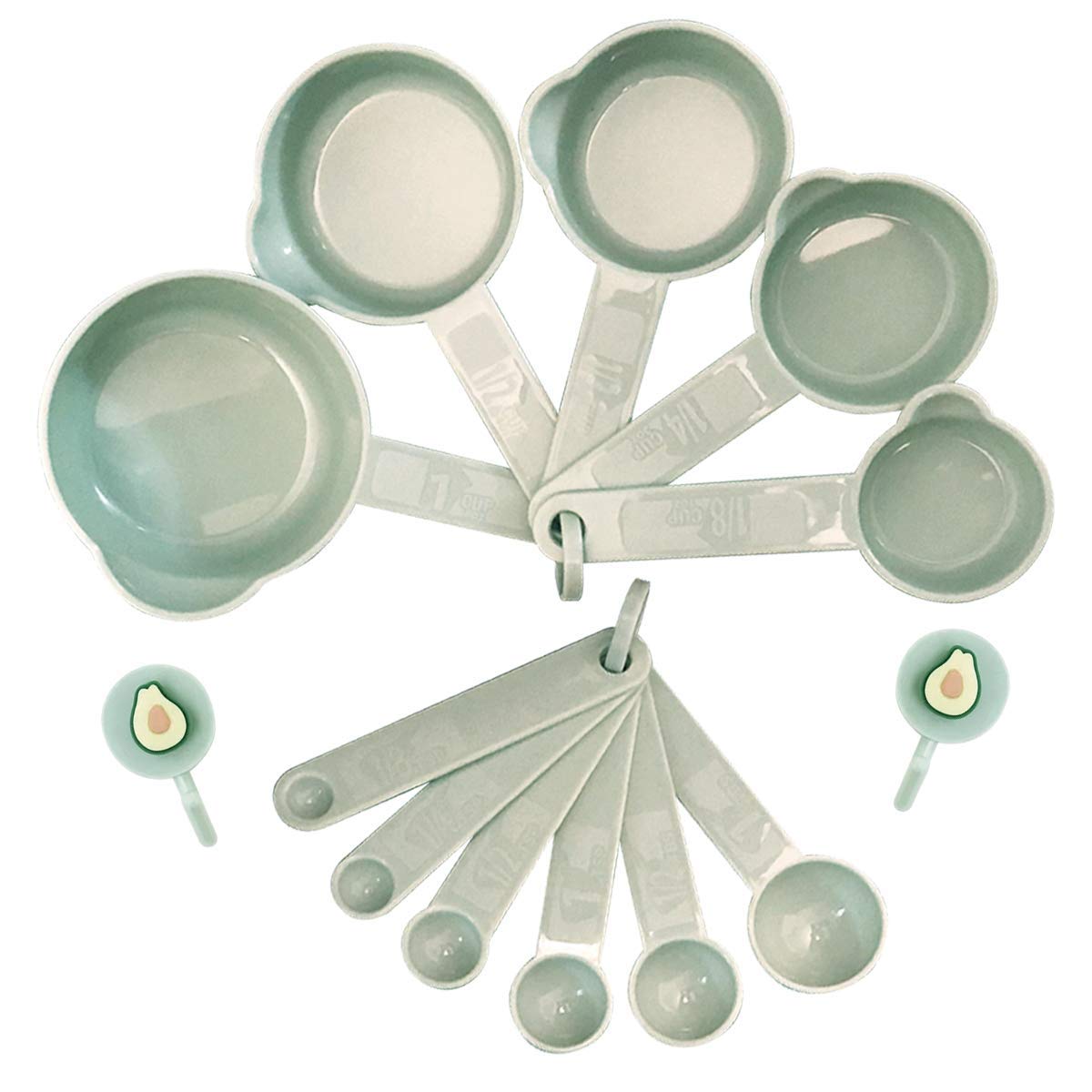11-Piece Measuring Cups and Spoons Set - Durable Plastic, Nordic Colors (Green) - Includes 2 Kitchen Tool Hooks for Baking, Cooking & Meal Prep